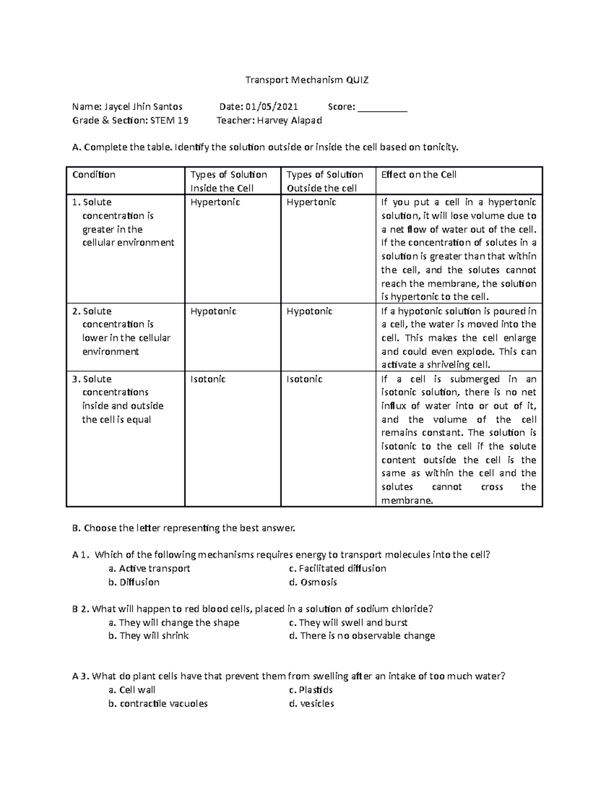 Transport Mechanism Quiz in Biology / explanation - Transport Mechanism ...