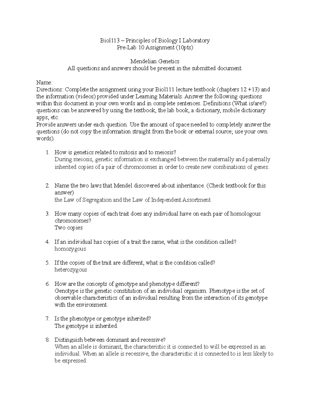 Biol113 Pre-Lab 10 Assignment - Biol113 – Principles of Biology I ...