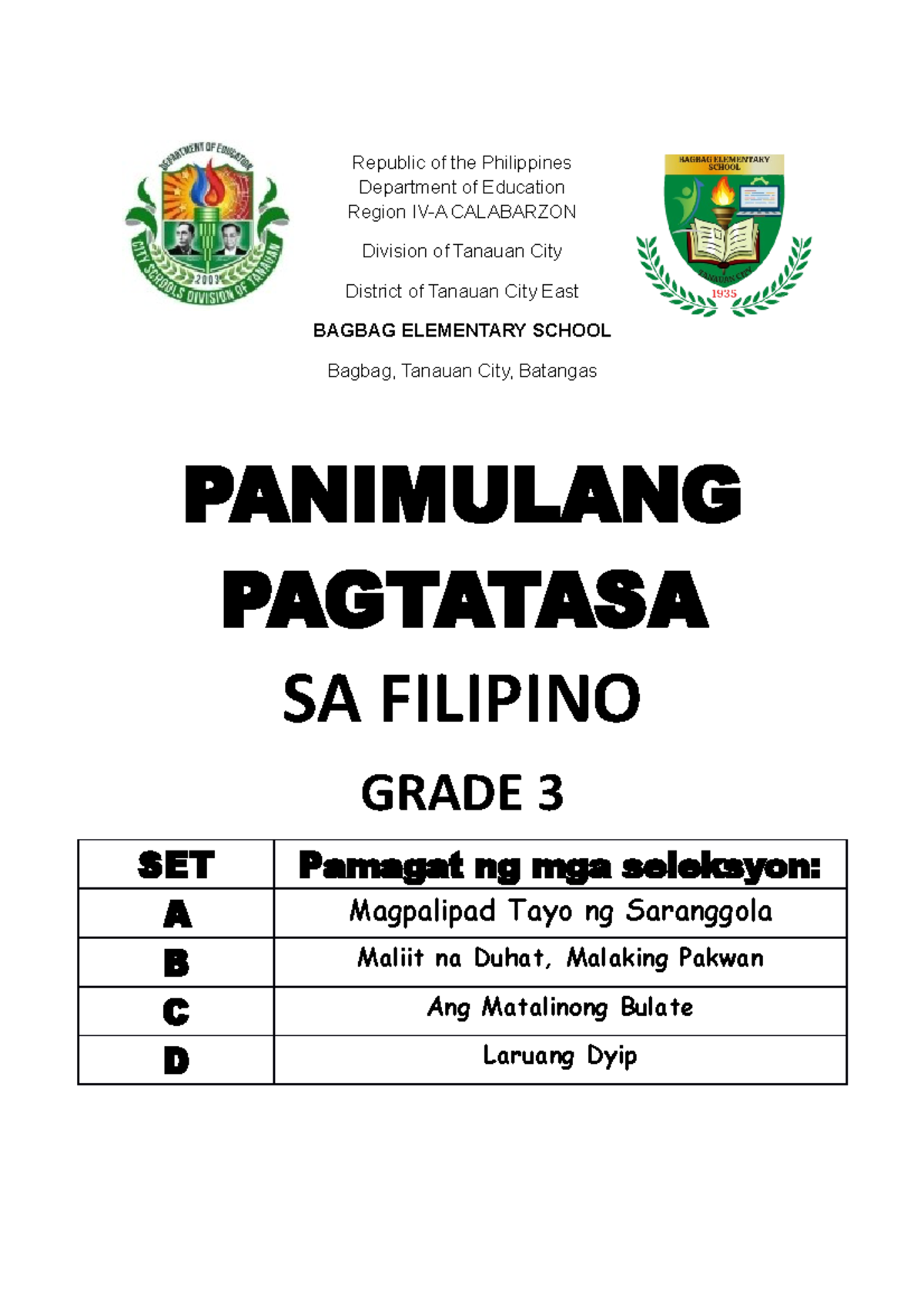 PHILIRI Grade 3 Panimulang Pagtatasa Republic of the Philippines