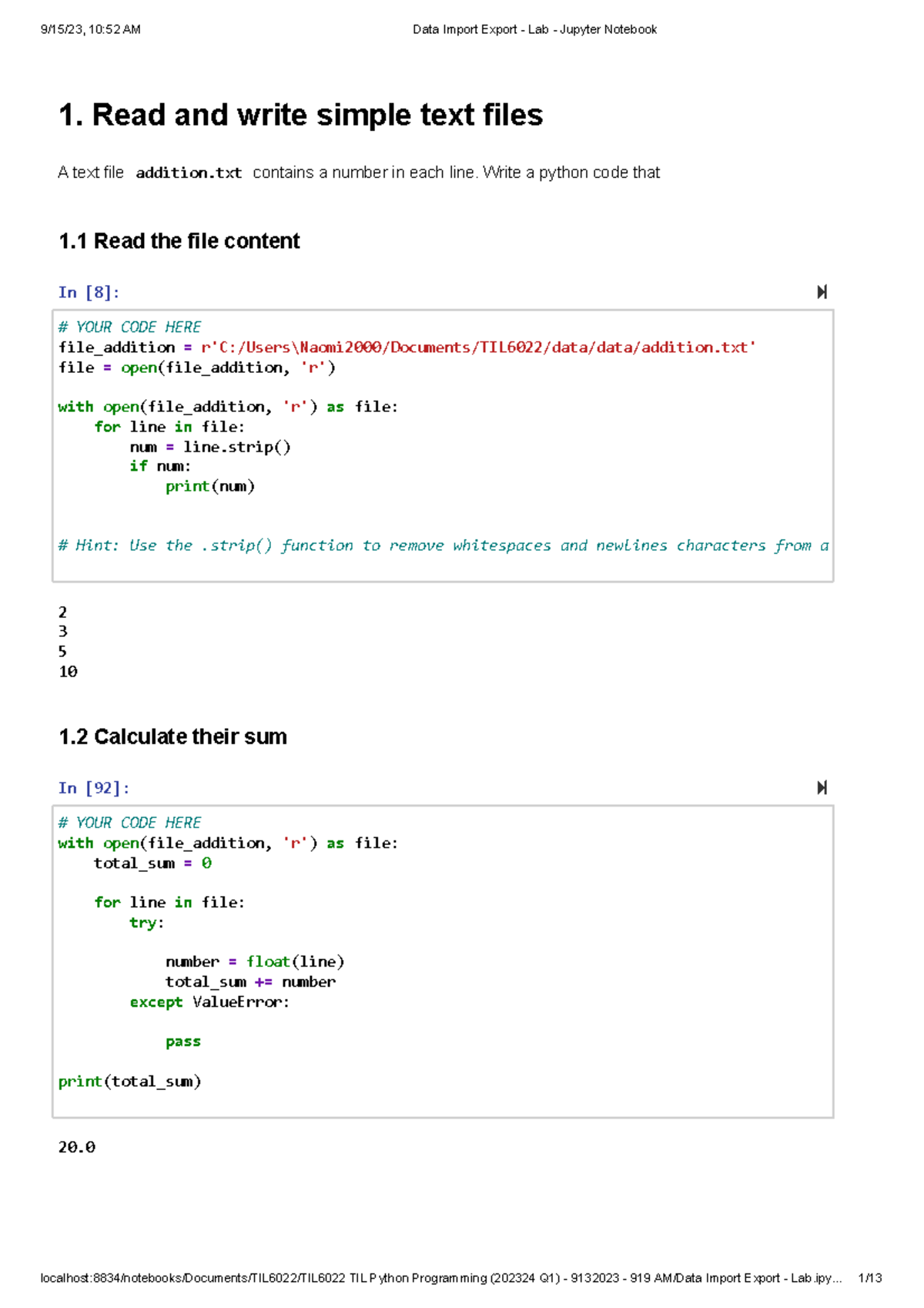 Data Import Export Lab 4 Jupyter Notebook 1. Read and write