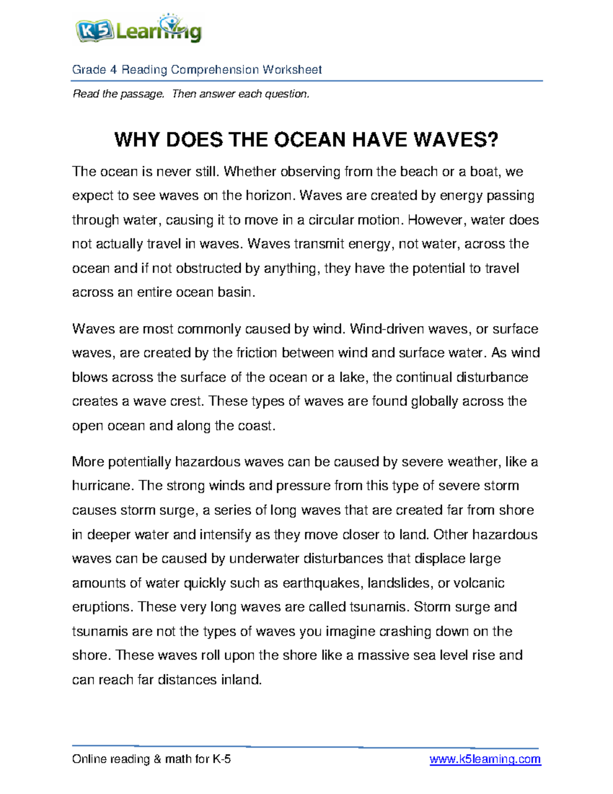 ocean reading comprehension grade 4 reading comprehension worksheet read the passage then answer studocu