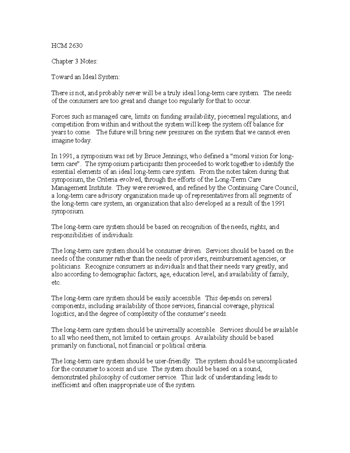 Long Term Care Chapter 3 Notes - HCM 2630 Chapter 3 Notes: Toward an ...