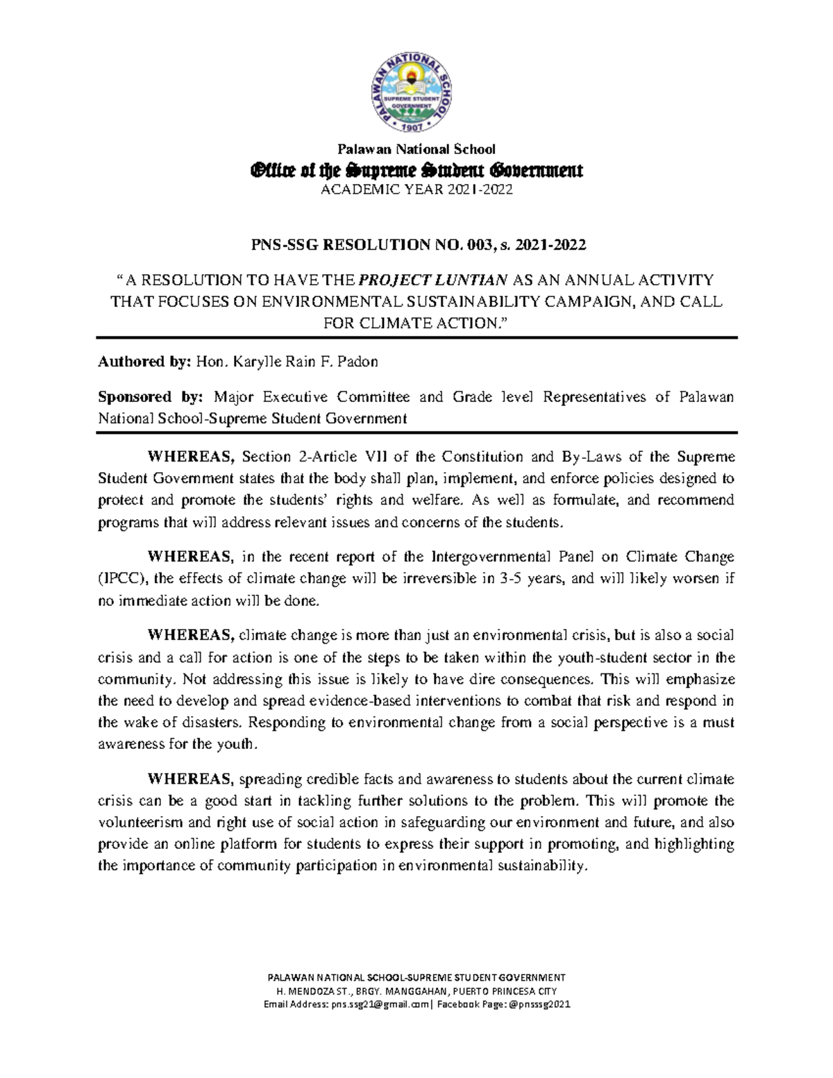 PNS SSG Resolution 003 Office Of The Supreme Student Government 