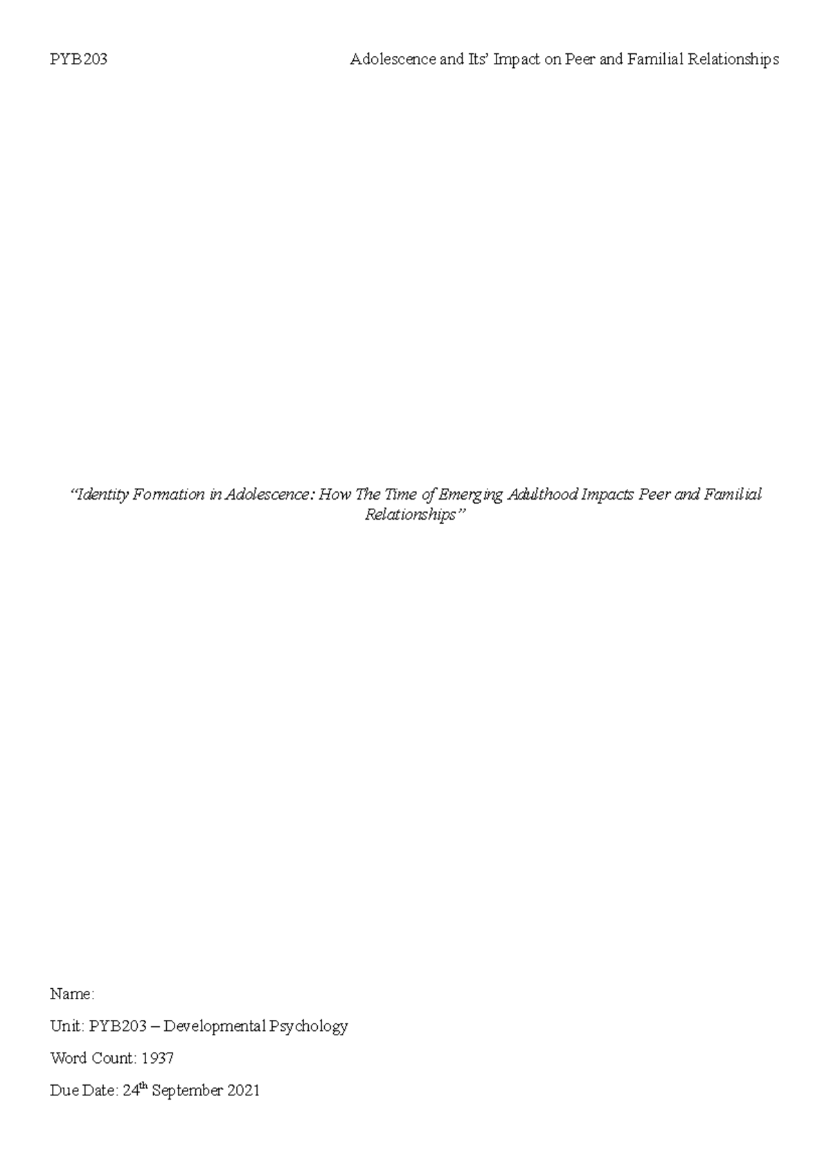 Identity Formation In Adolescence PYB203 QUT StuDocu