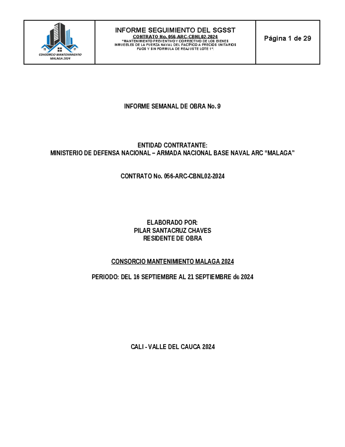 Informe 9 OBRA 16 SEP AL 21 SEP CONTRATO No. 056ARCCBNL02