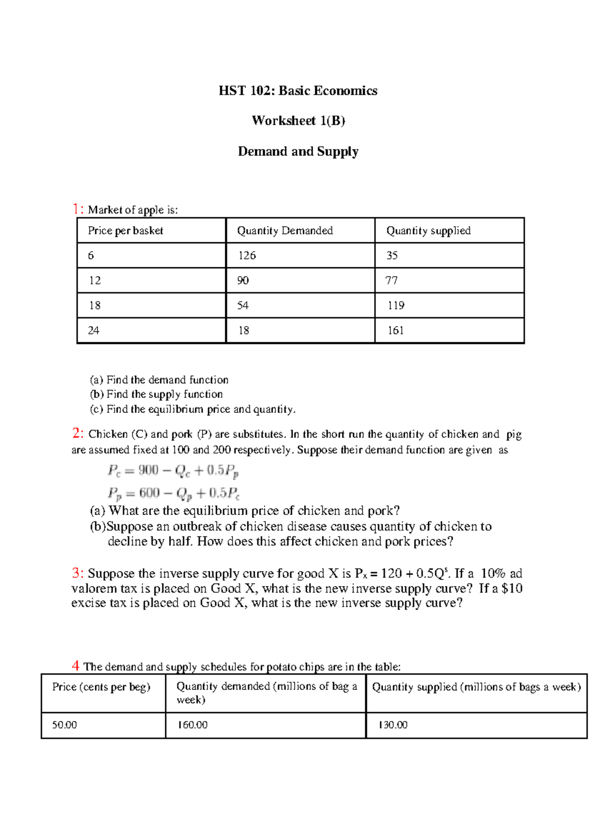 Worksheet 1 Demand & Supply - HST 102: Basic Economics Worksheet 1(B ...