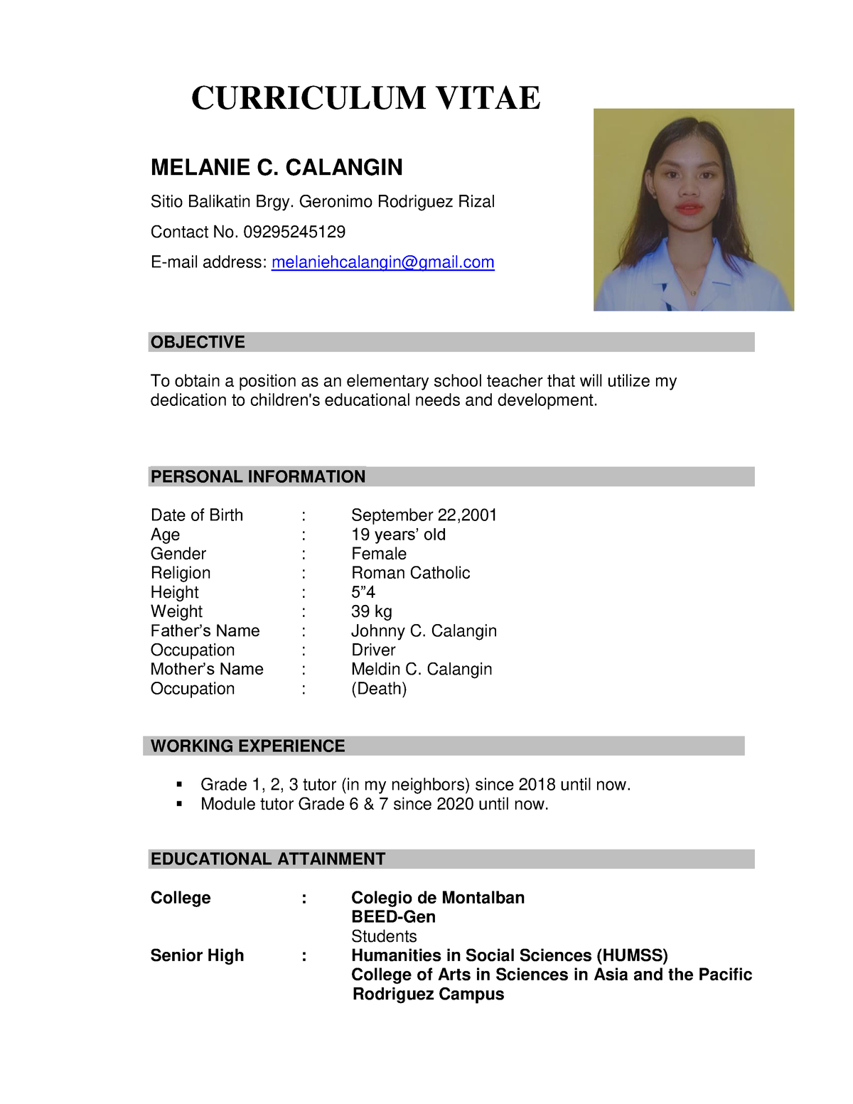 Curriculum Vitae Calangin Melanie 2d - Curriculum Vitae Melanie C 