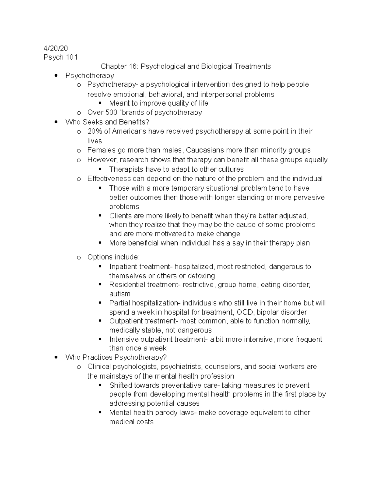 Chapter 16 Notes - 4/20/ Psych 101 Chapter 16: Psychological and ...