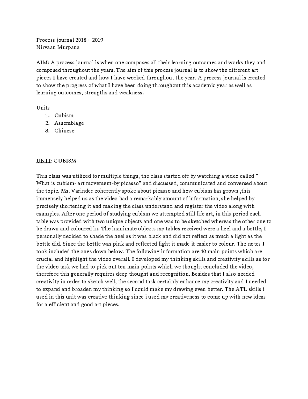 Process Journal (art) - class - Process journal 2018 + 2019 Nirvaan ...