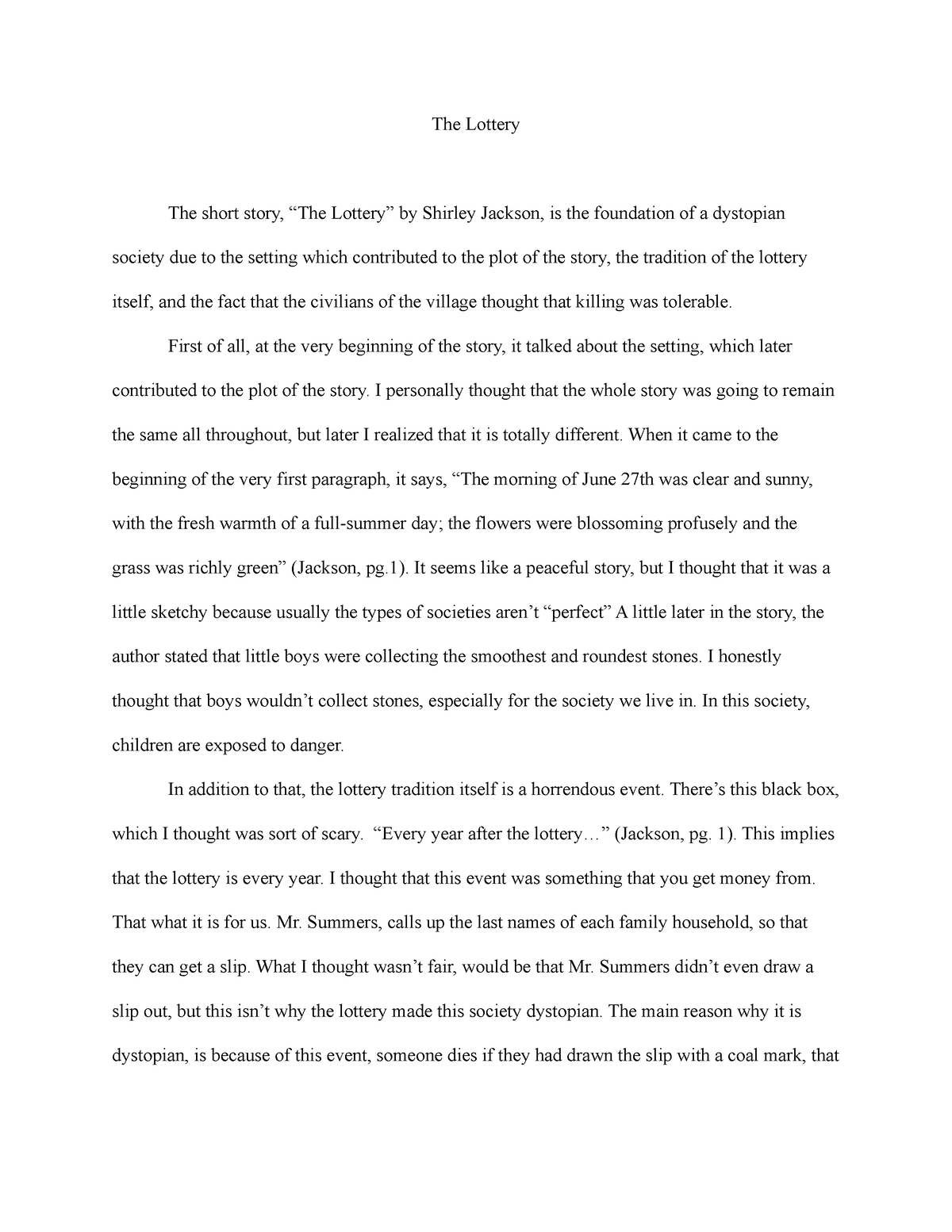 essay about the short story the lottery