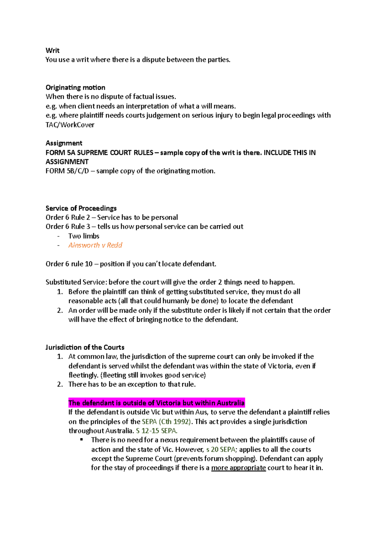Seminar 2 - Writ You use a writ where there is a dispute between the ...