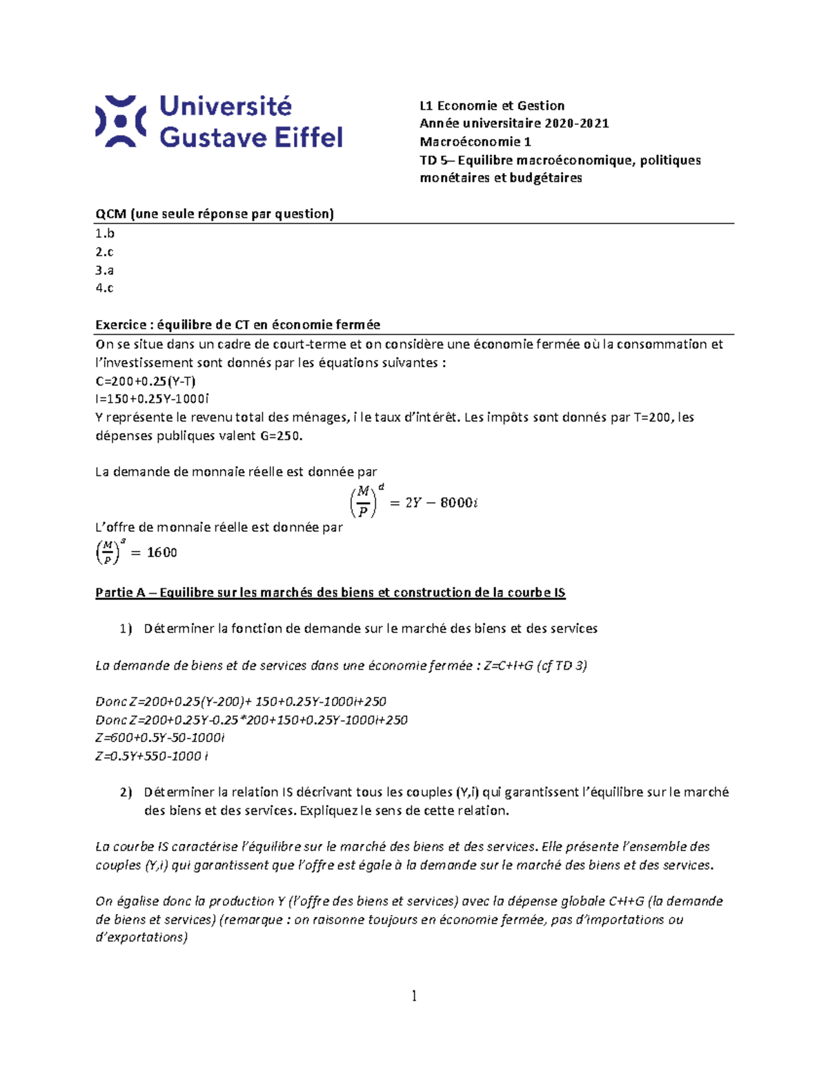 TD5-corrigé - TD5 Corrigé - L1 Economie Et Gestion Année Universitaire ...