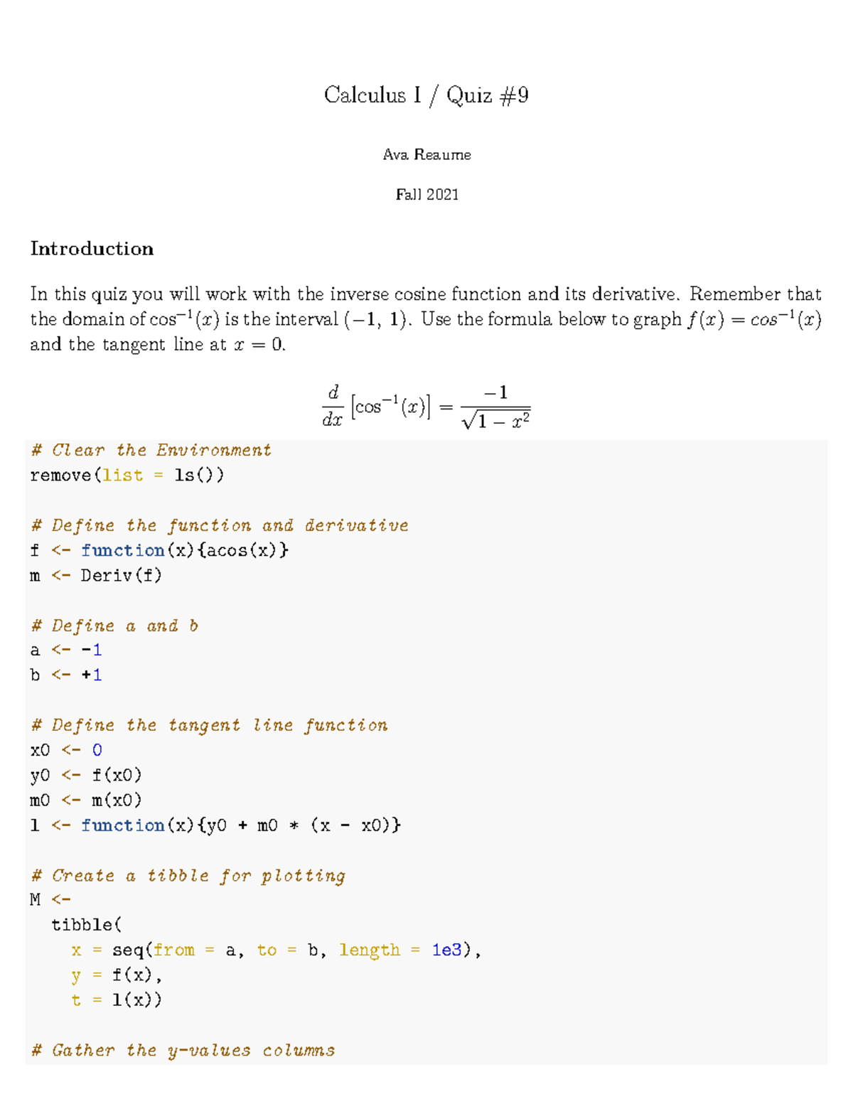 Quiz9 Ava Reaume - Calculus homework example - Calculus I / Quiz Ava ...
