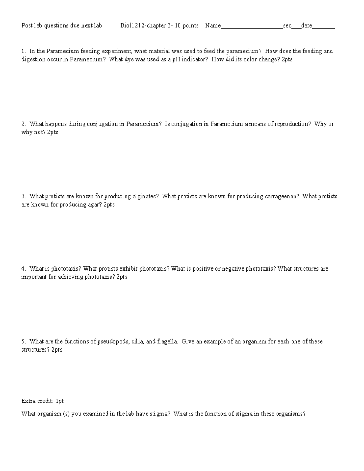 Postlab assignment - protists - Post lab questions due next lab ...