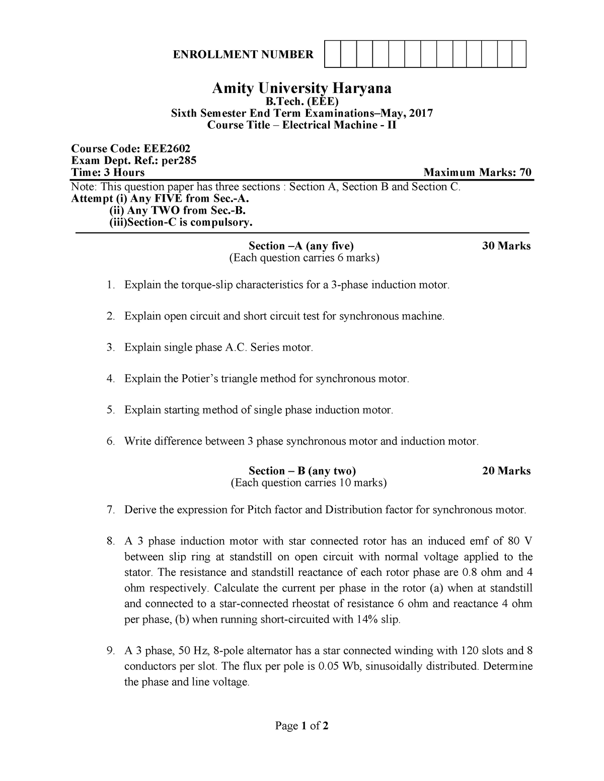 BTech(EEE) VI Electrical Machine-II out - Page 1 of 2 ENROLLMENT NUMBER ...