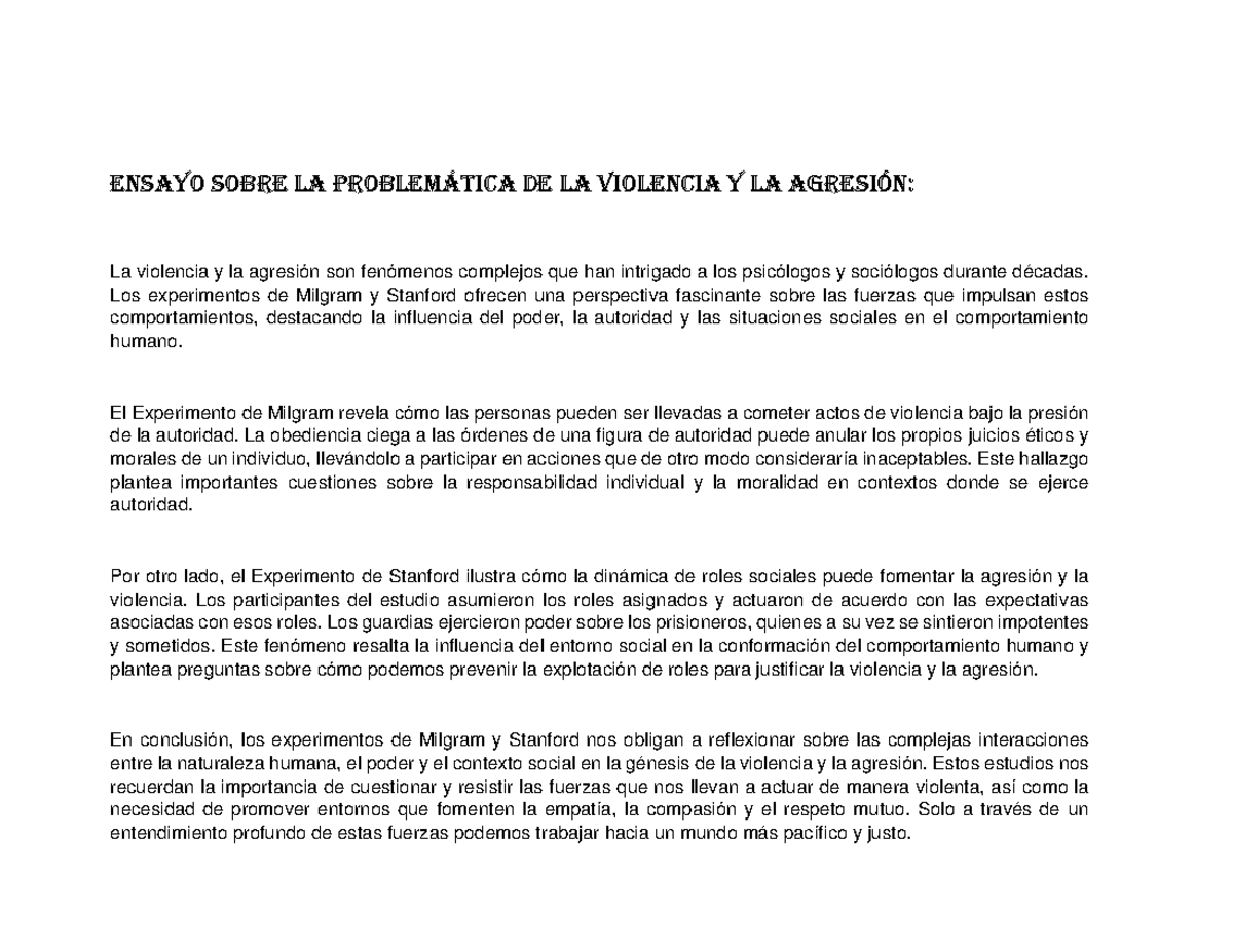 Ensayo - tarea - Ensayo sobre la problemática de la violencia y la