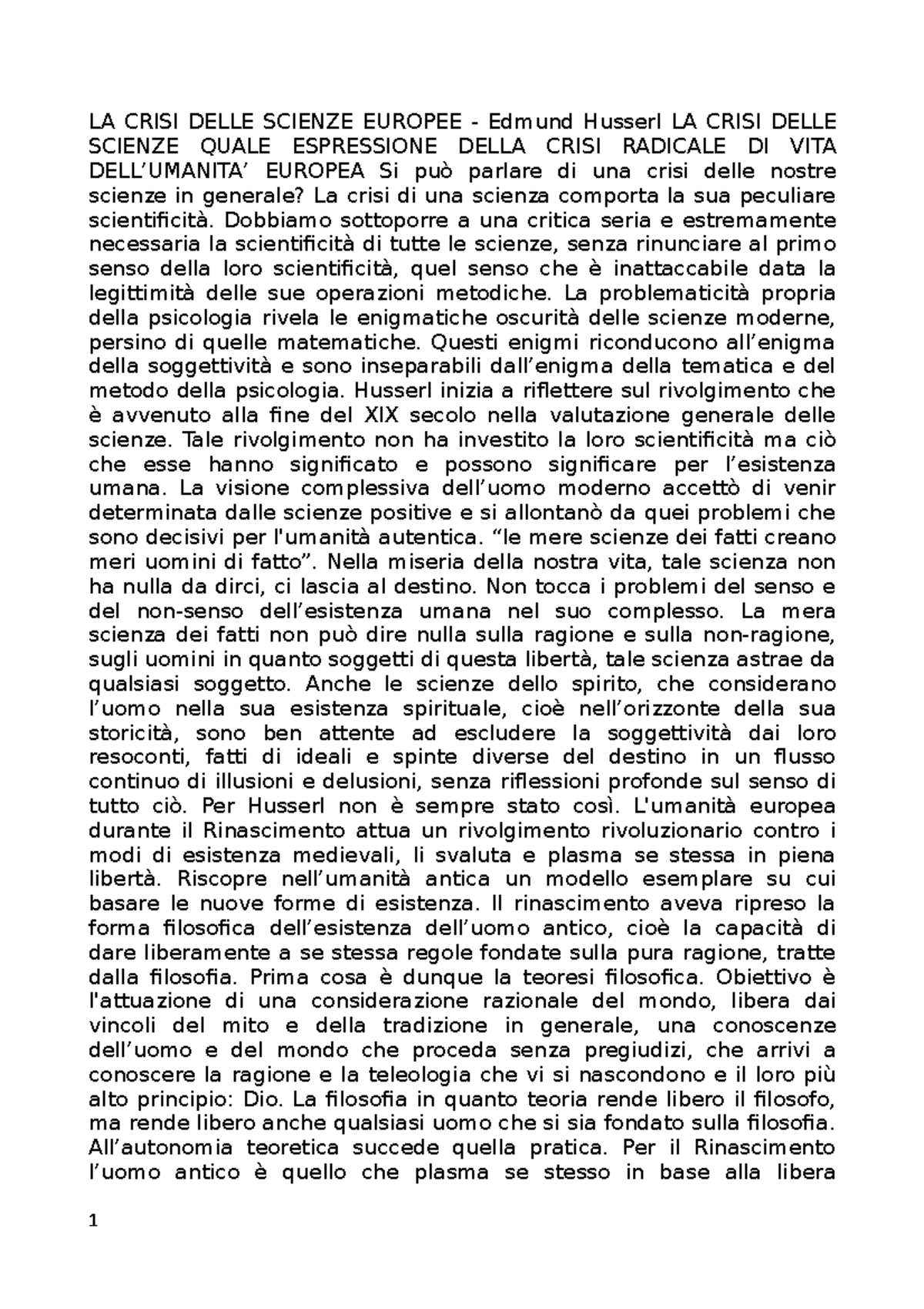 LA Crisi Delle Scienze Europe riassunto LA CRISI DELLE SCIENZE