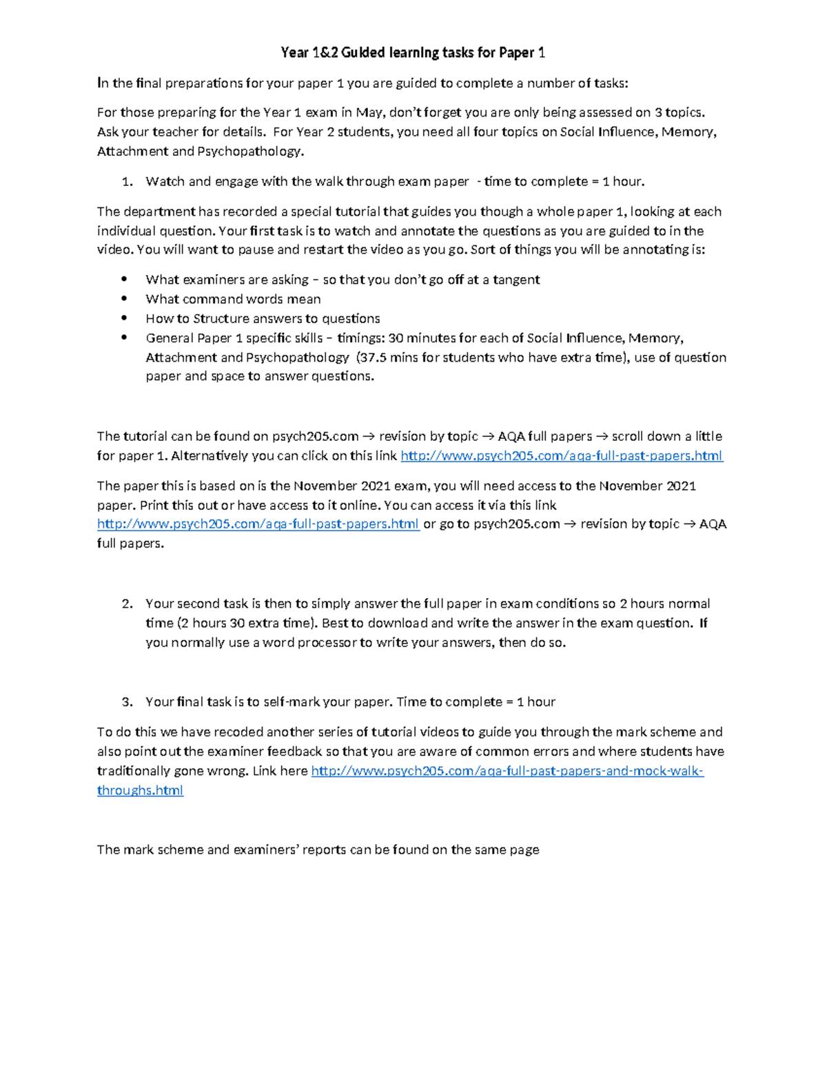 Paper 1 walk through and tasks Year 1&2 Guided learning tasks for