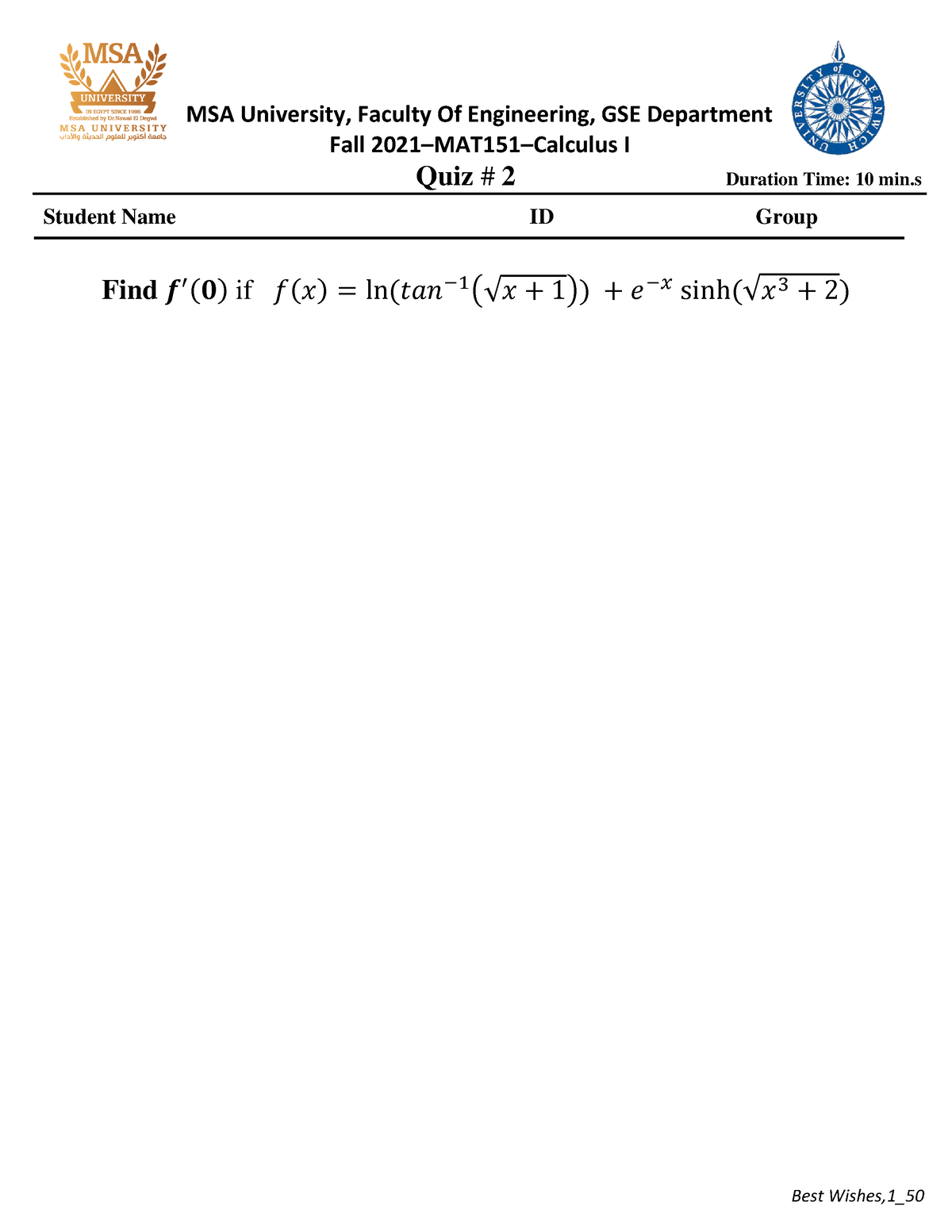 Calculus - Quiz 2 - Fall 2021 - Fall 2021–MAT151–Calculus I Quiz # 2 ...