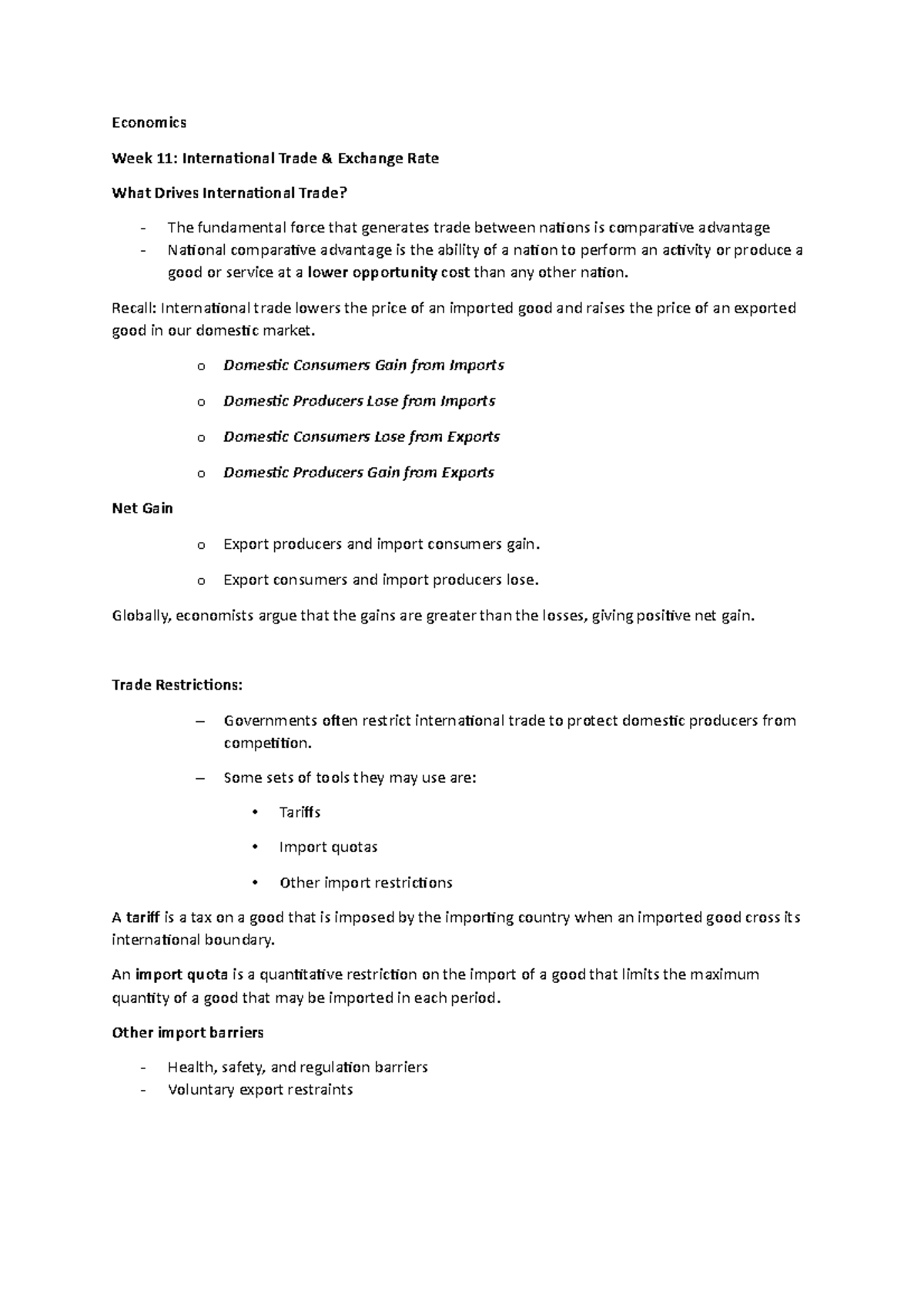 Week 11 Notes - Economics Week 11: International Trade & Exchange Rate ...