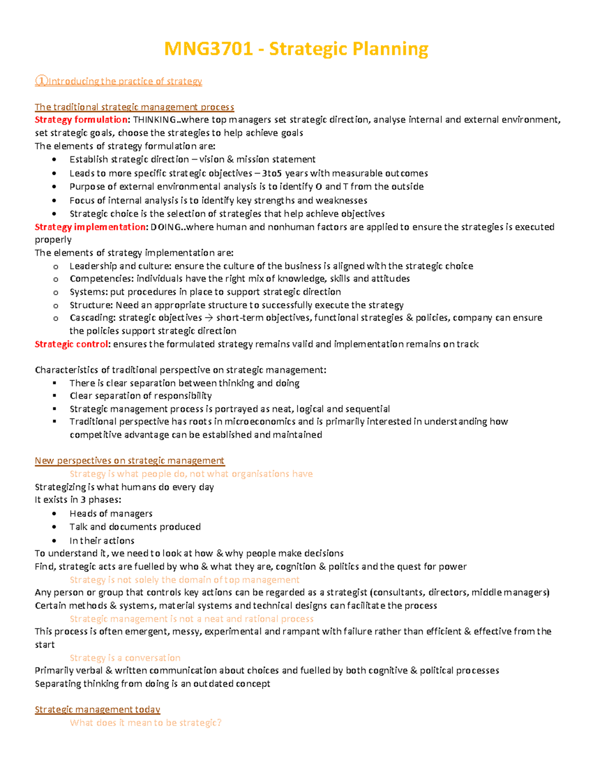 Mng notes done - MNG3701 - Strategic Planning ①Introducing the practice ...