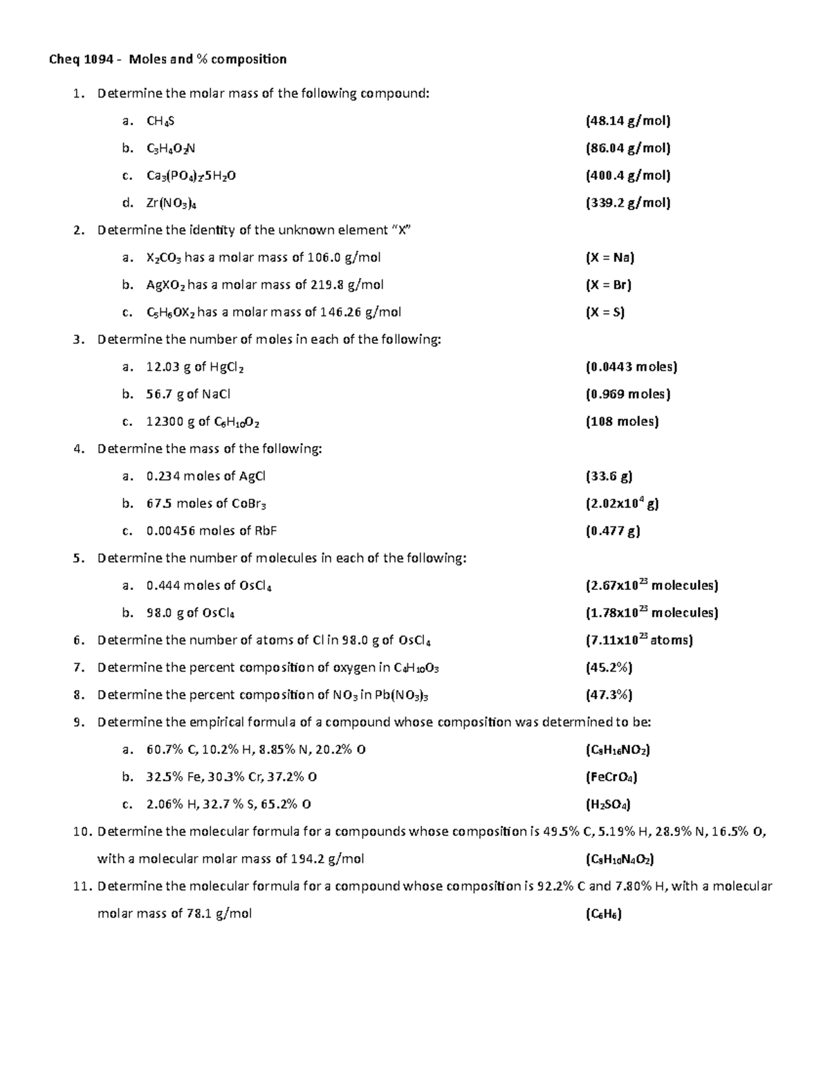 Cheq 1094 - Moles Percent Composition - Cheq 1094 - Moles and ...