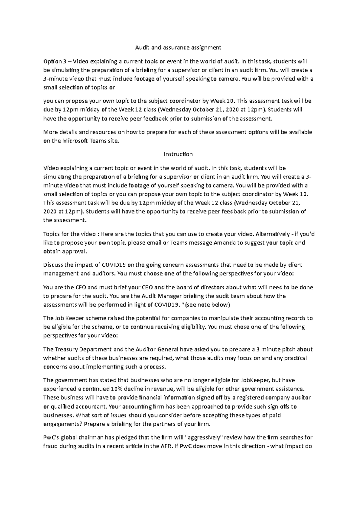 Audit and assurance assignment - Audit and assurance assignment Option ...
