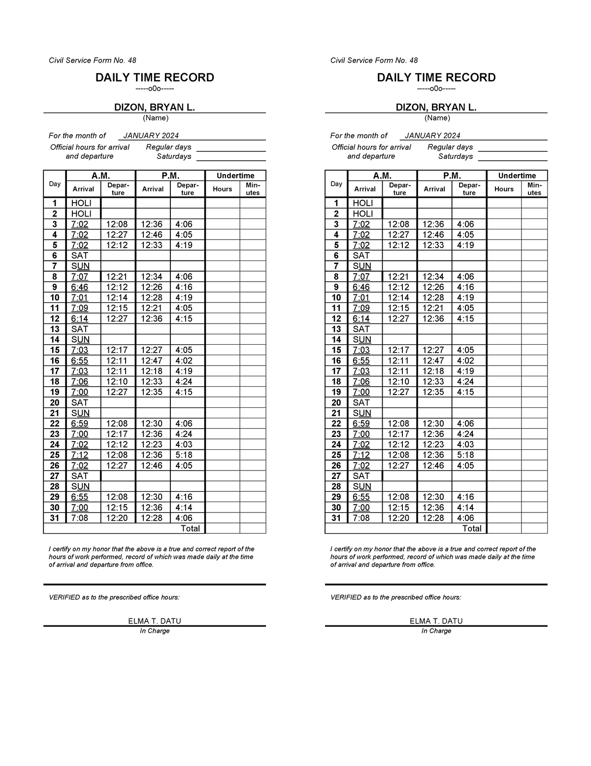 CSC Form 48 Daily Time Record DTR - Civil Service Form No. 48 DAILY ...