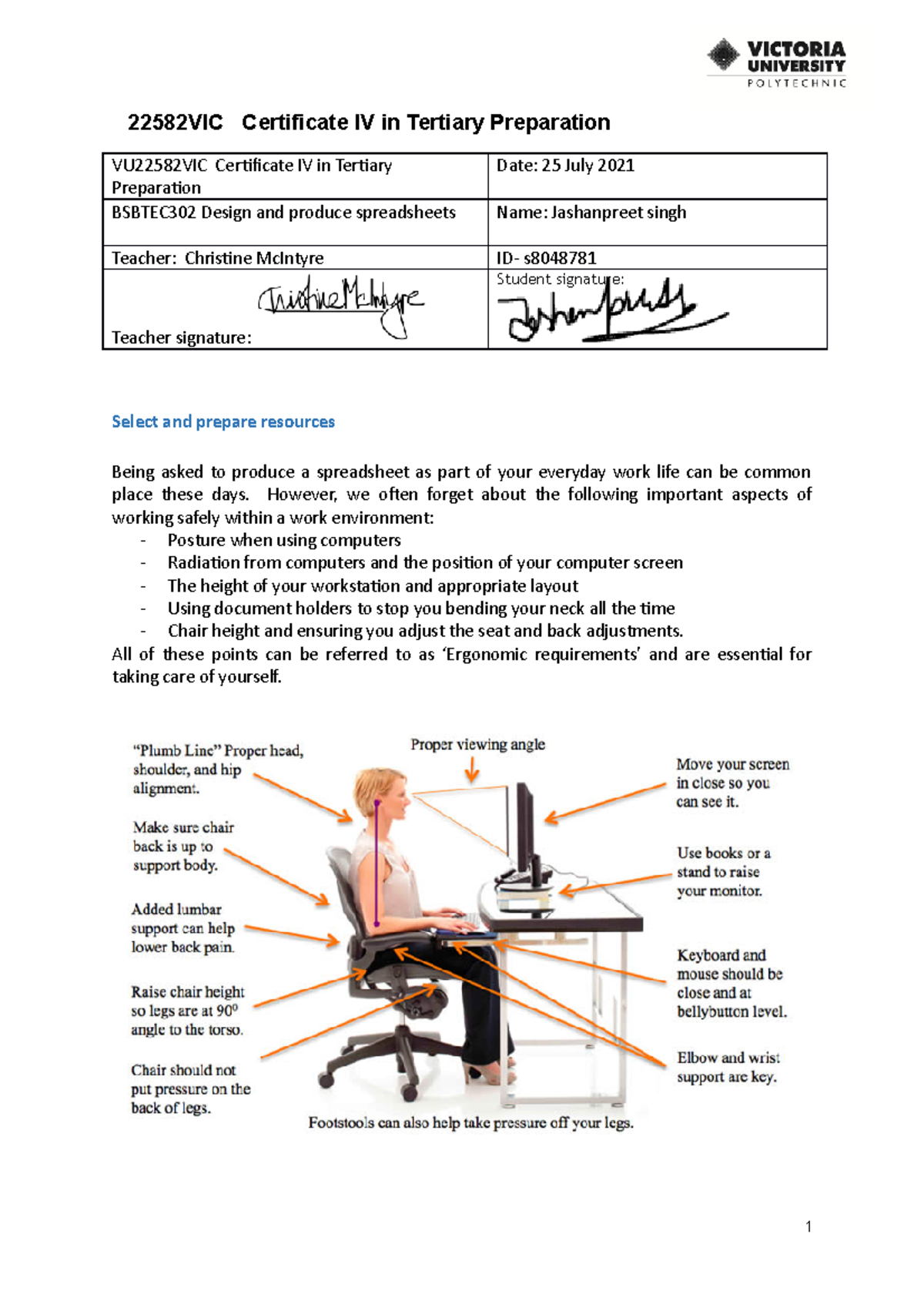 Ergonomic Resource Book Sem 2 2021 VU22582VIC Certificate IV in Tertiary Preparation Date 25
