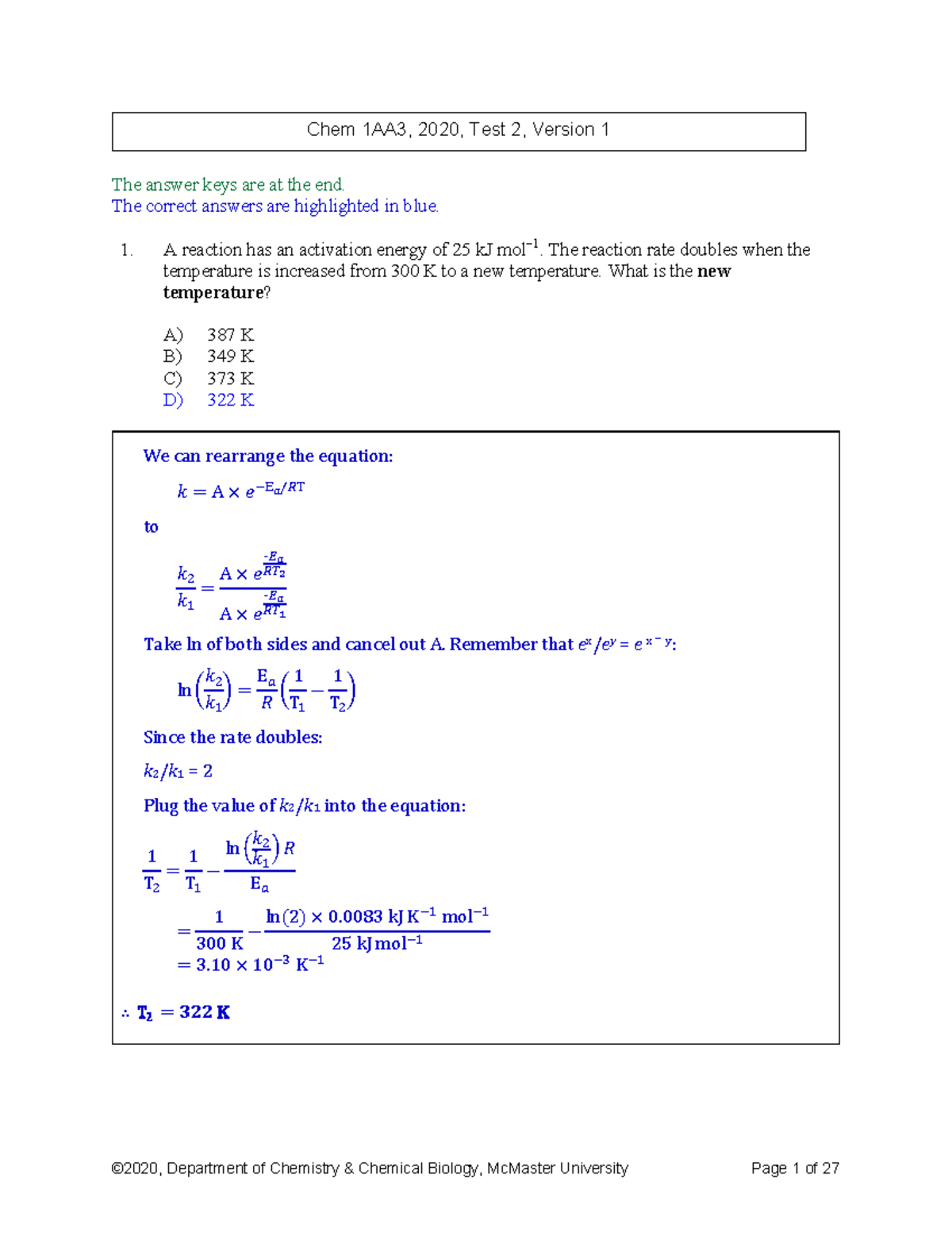 1AA3 Test 2 2020 - The answer keys are at the end. The correct answers ...