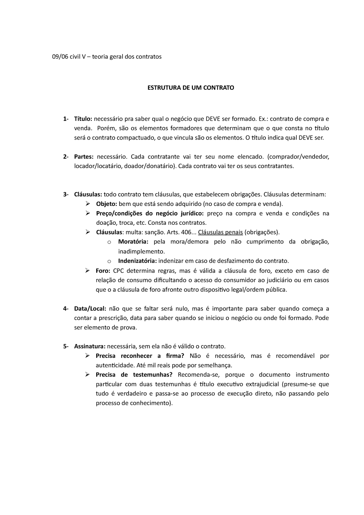 Estrutura DE UM Contrato - 09/06 civil V – teoria geral dos contratos