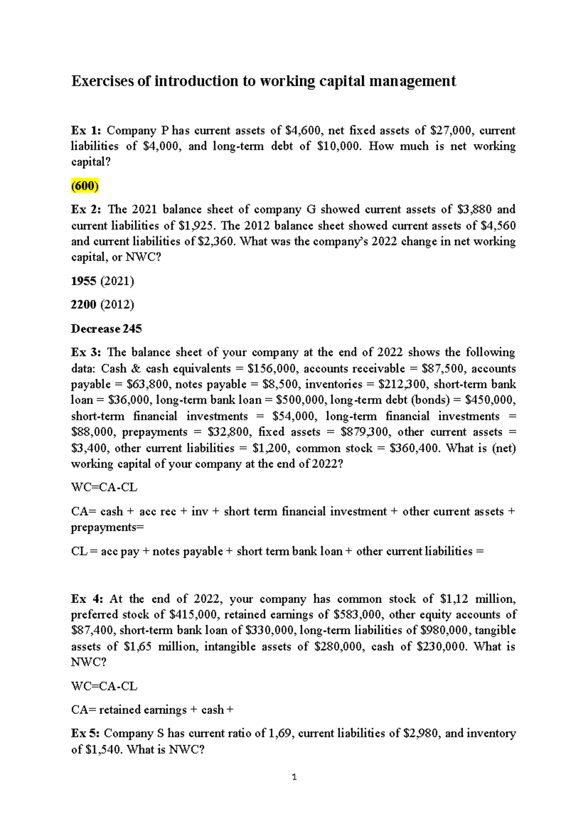 Exercises of introduction to working capital management - How much is ...