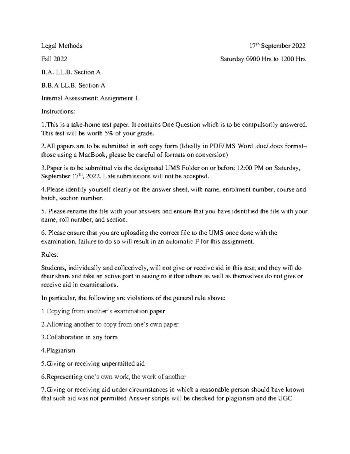 Assignment 1 Legal Methods Fall 2022 - Legal Methods 17 th September ...