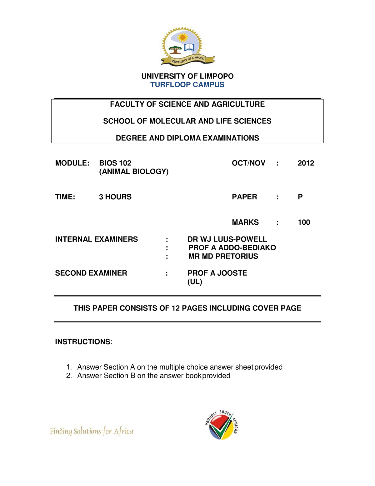 SZOO012 Previous exam papers 2013 to2022 - UNIVERSITY OF LIMPOPO ...