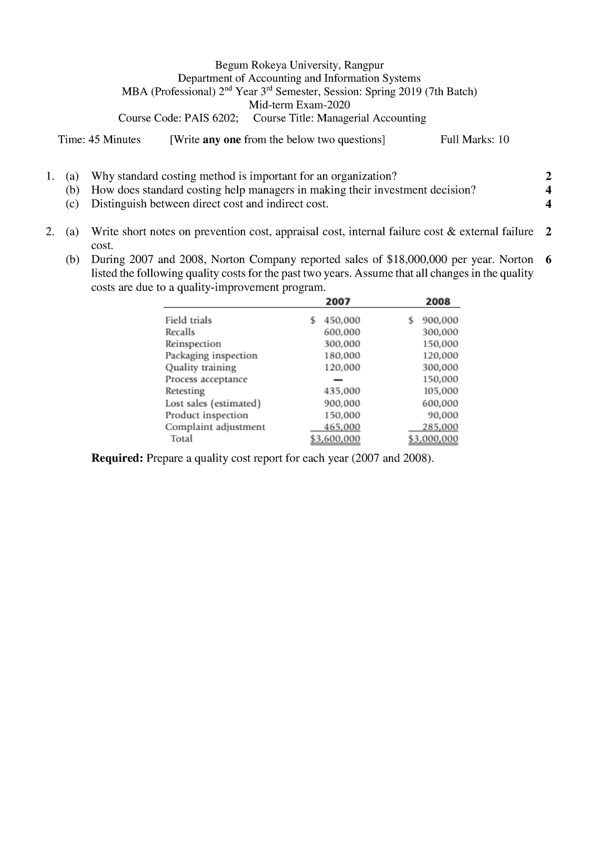 Managerial Accounting PMBA 7b Mid-term - Begum Rokeya University ...