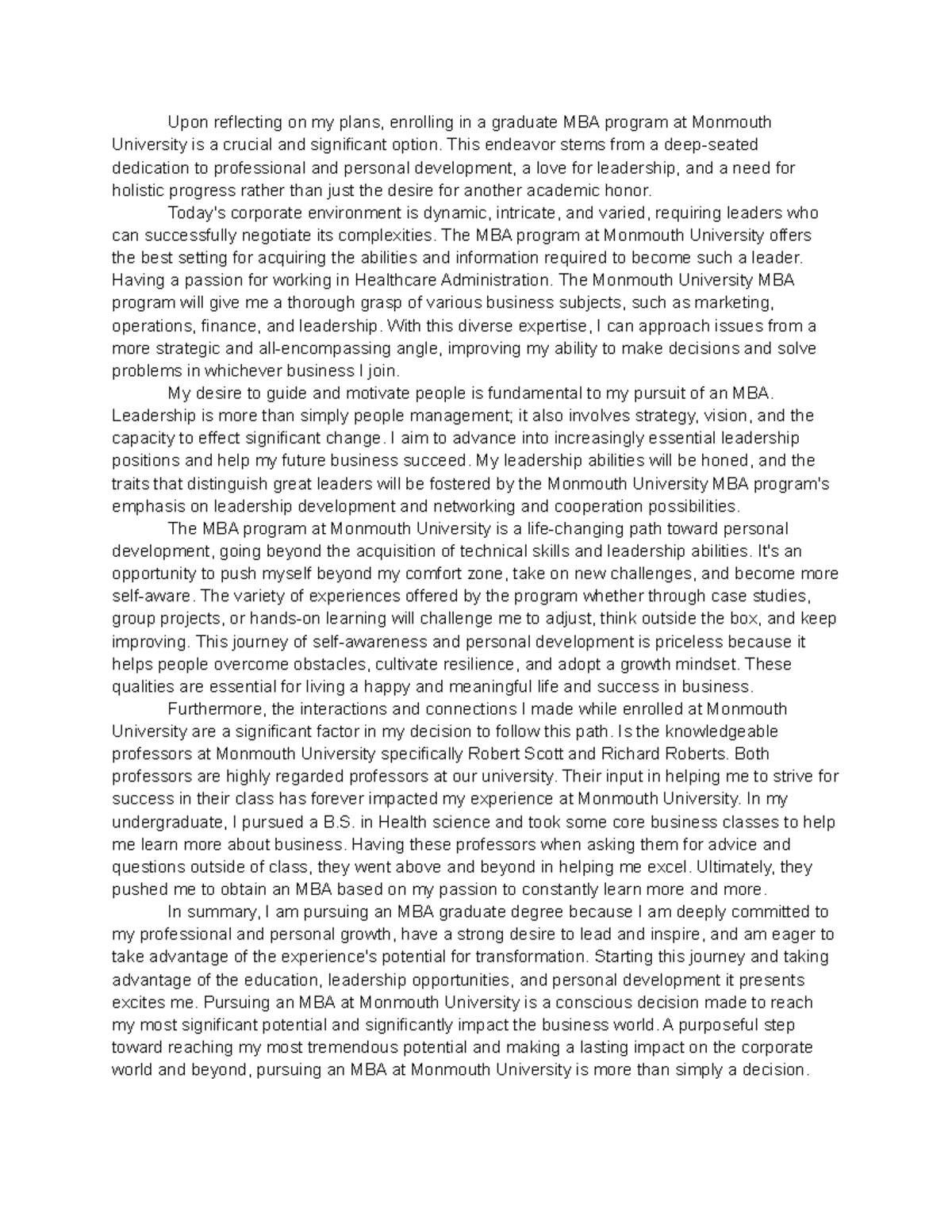 Essay - n/a - Upon reflecting on my plans, enrolling in a graduate MBA ...