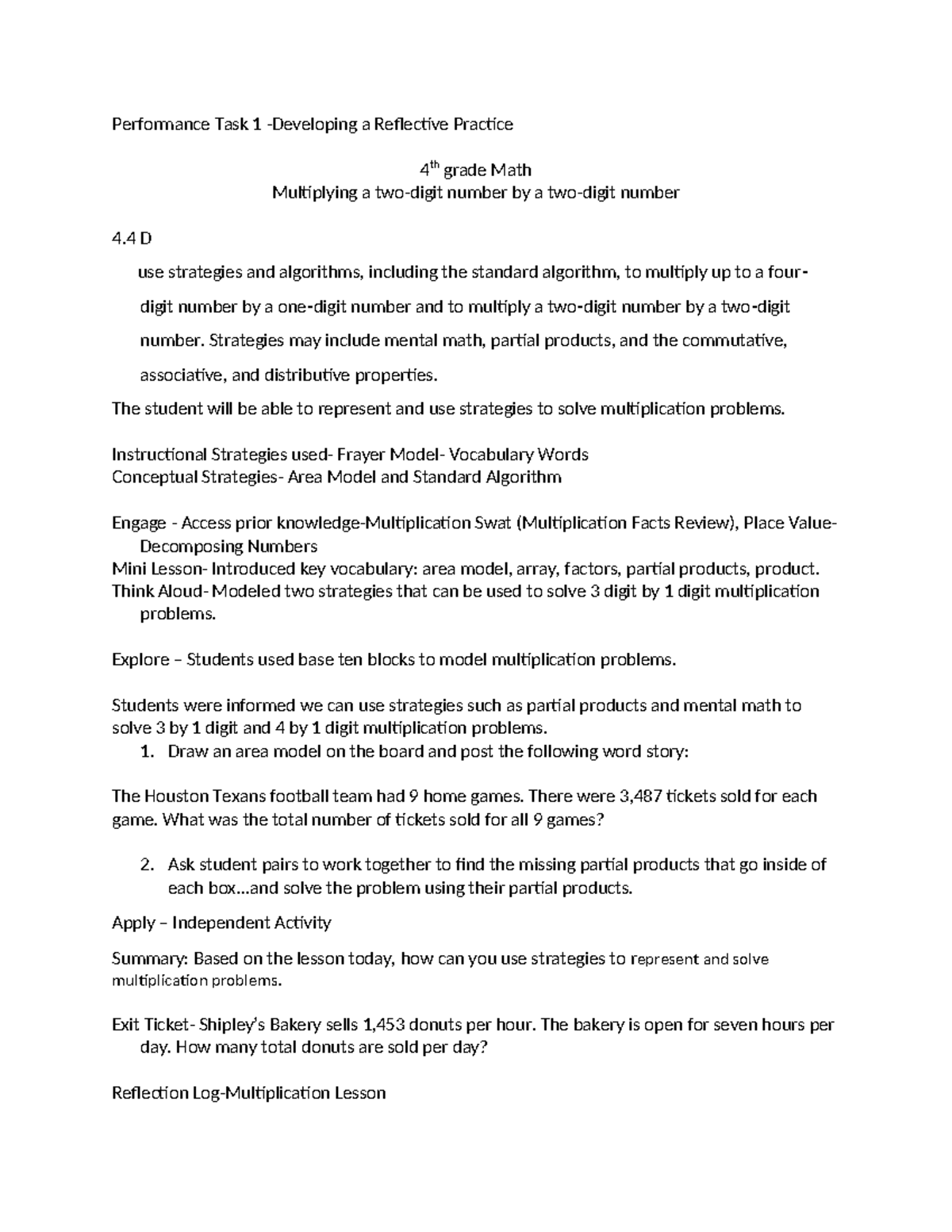 Performance Task 1 - Strategies may include mental math, partial ...