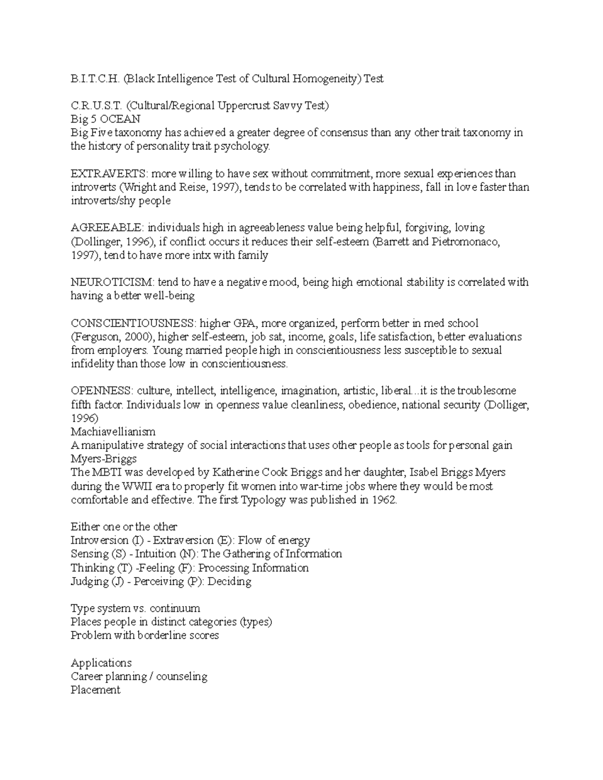 Notes PSY 4930 B.I.T.C. (Black Intelligence Test of Cultural