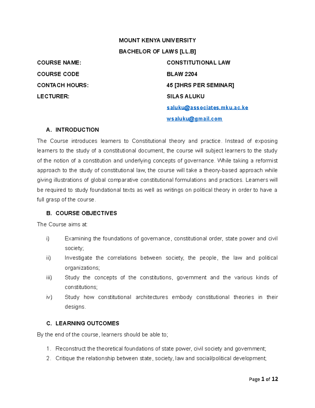 BLW2204 Constitutional Law MOUNT KENYA UNIVERSITY BACHELOR OF LAWS