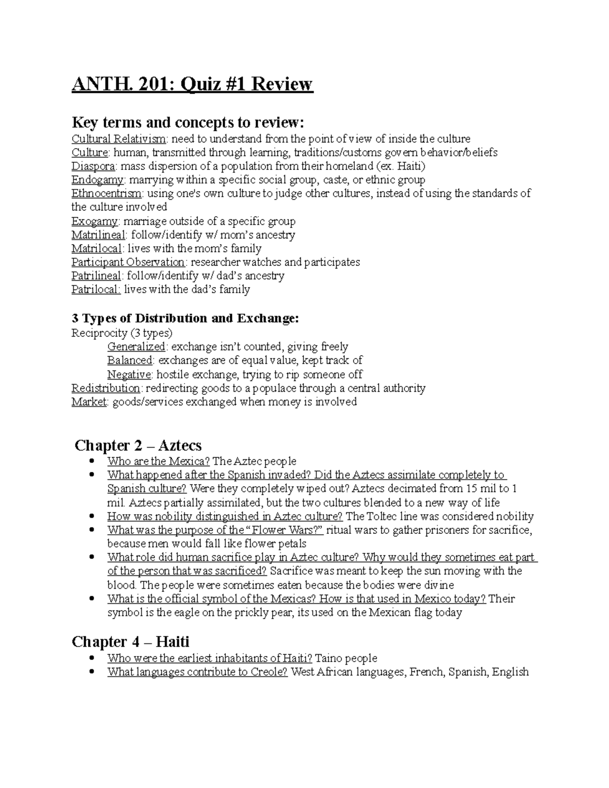 ANTH201 Exam 1 Study guide - ANTH. 201: Quiz #1 Review Key terms and ...