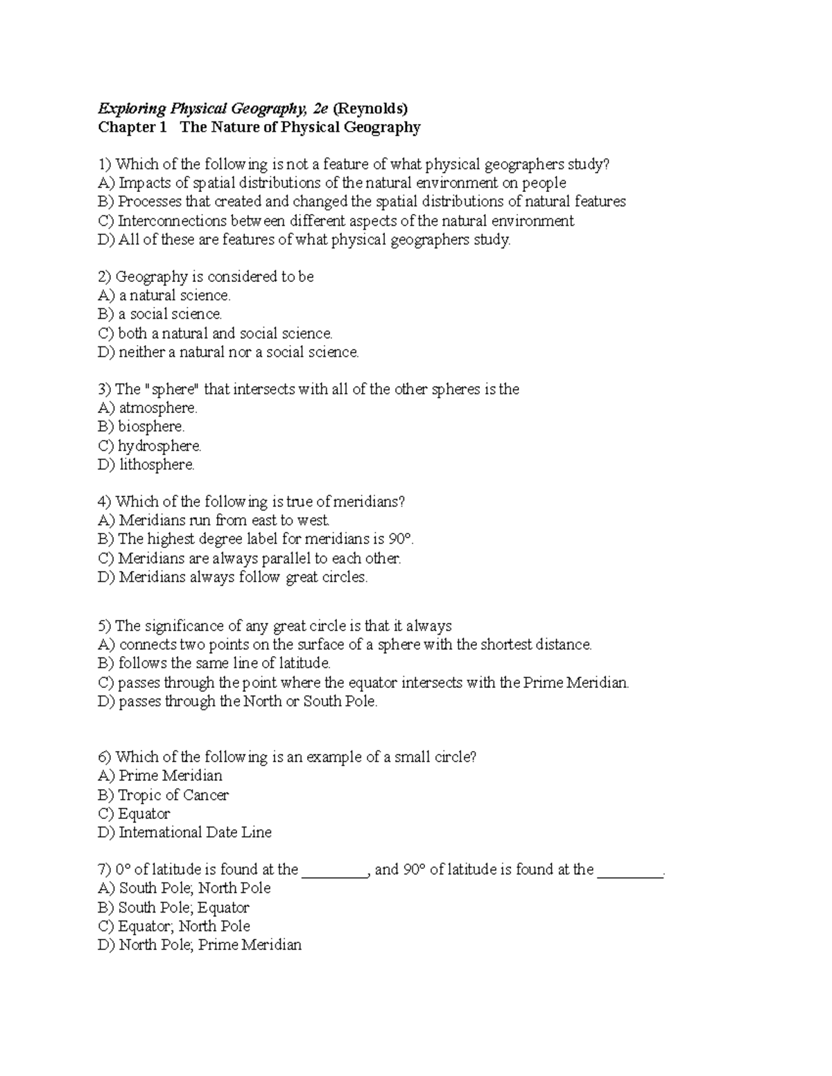 Weather chapter 1 practice questions Exploring Physical Geography, 2e (Reynolds) Chapter 1 The