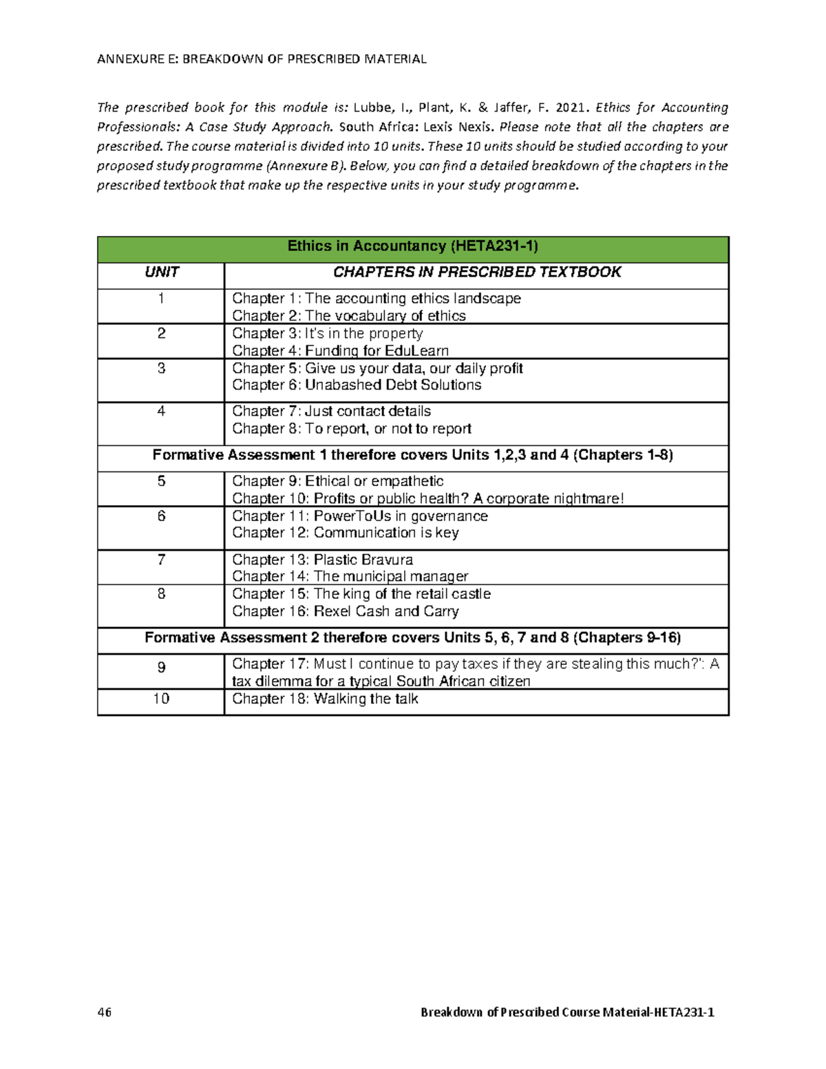 HETA230-1 - Breakdown of Prescribed Course Material - ANNEXURE E ...
