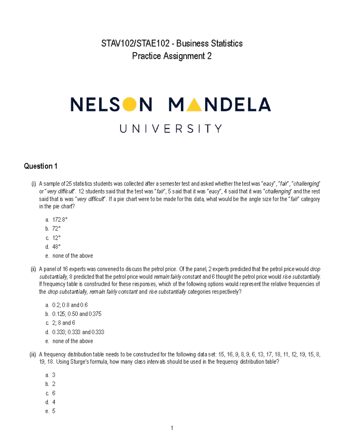 STAV102 Practice Assignment 2 - STAV102/STAE102 ­ Business Statistics ...