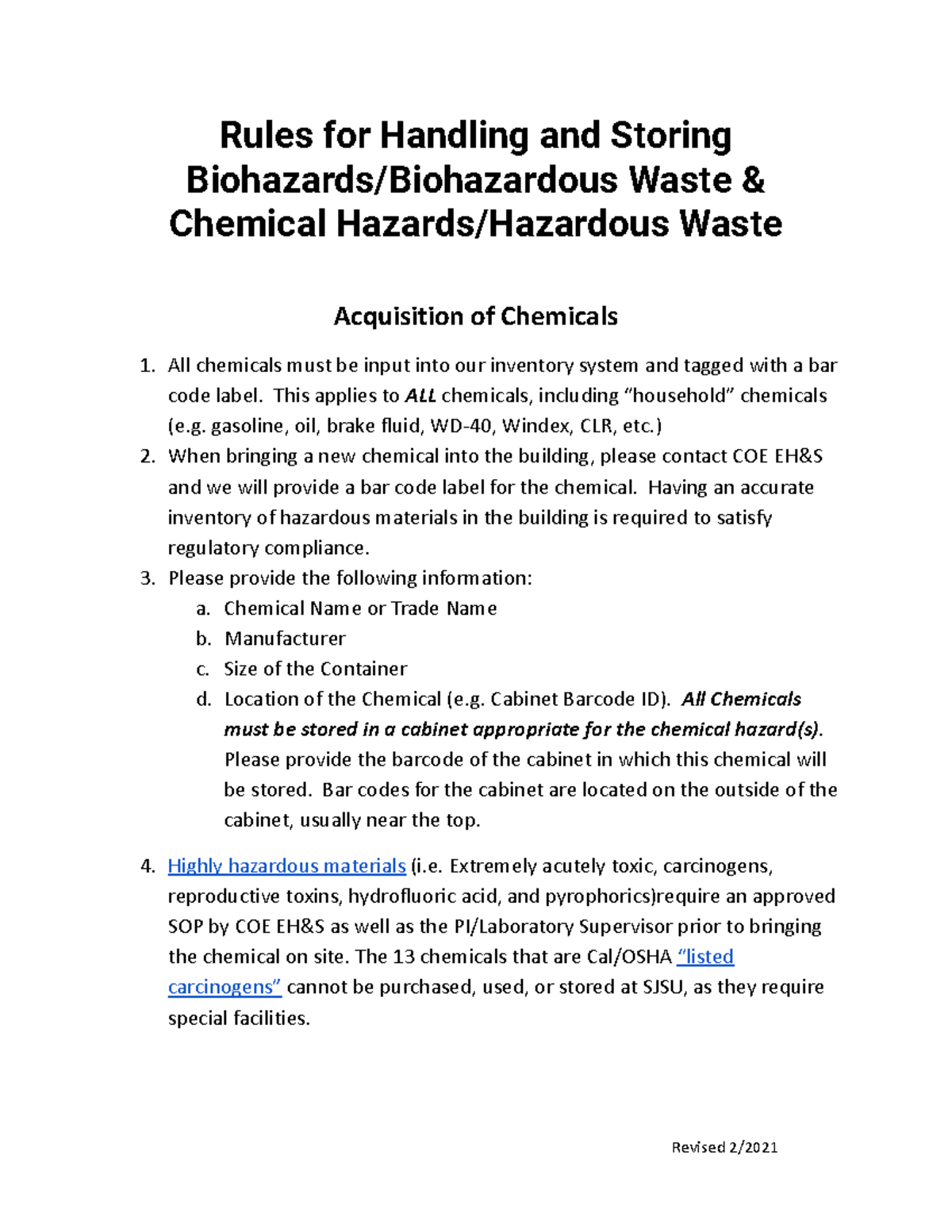 Rules for Handling Chemicals Rules for Handling and Storing
