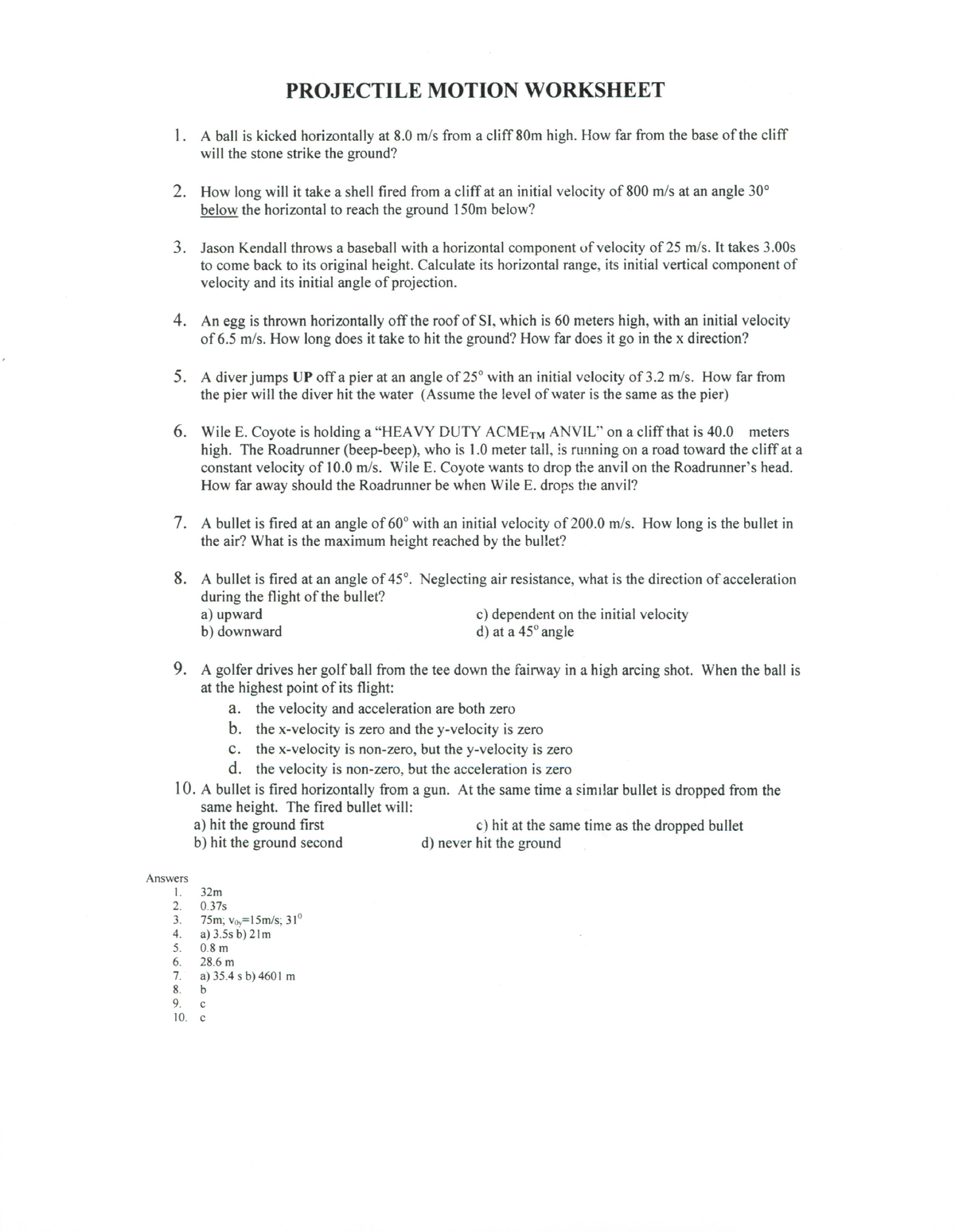 Projectile Motion Worksheet Solutions-odds - Civil Engineering - Studocu