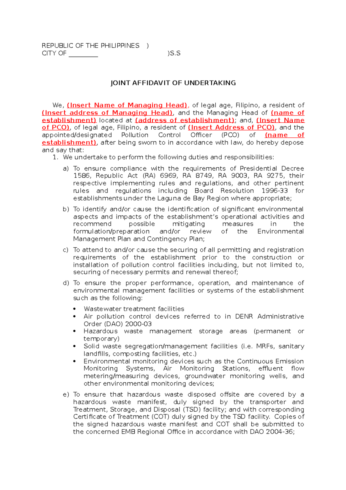 A. Affidavit of Undertaking - REPUBLIC OF THE PHILIPPINES ) CITY OF ...