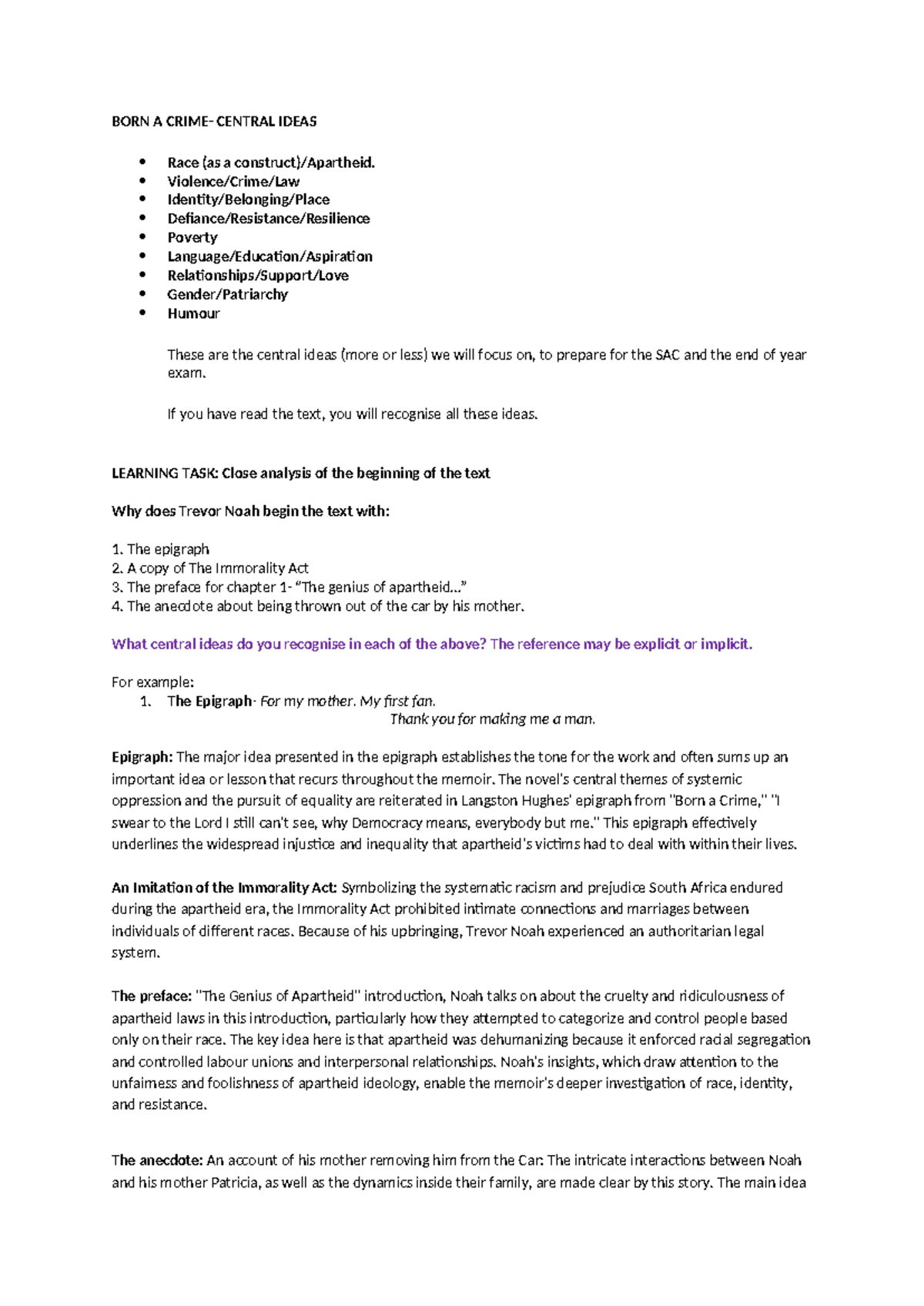 Central Ideas BORN A Crime - BORN A CRIME- CENTRAL IDEAS Race (as a ...