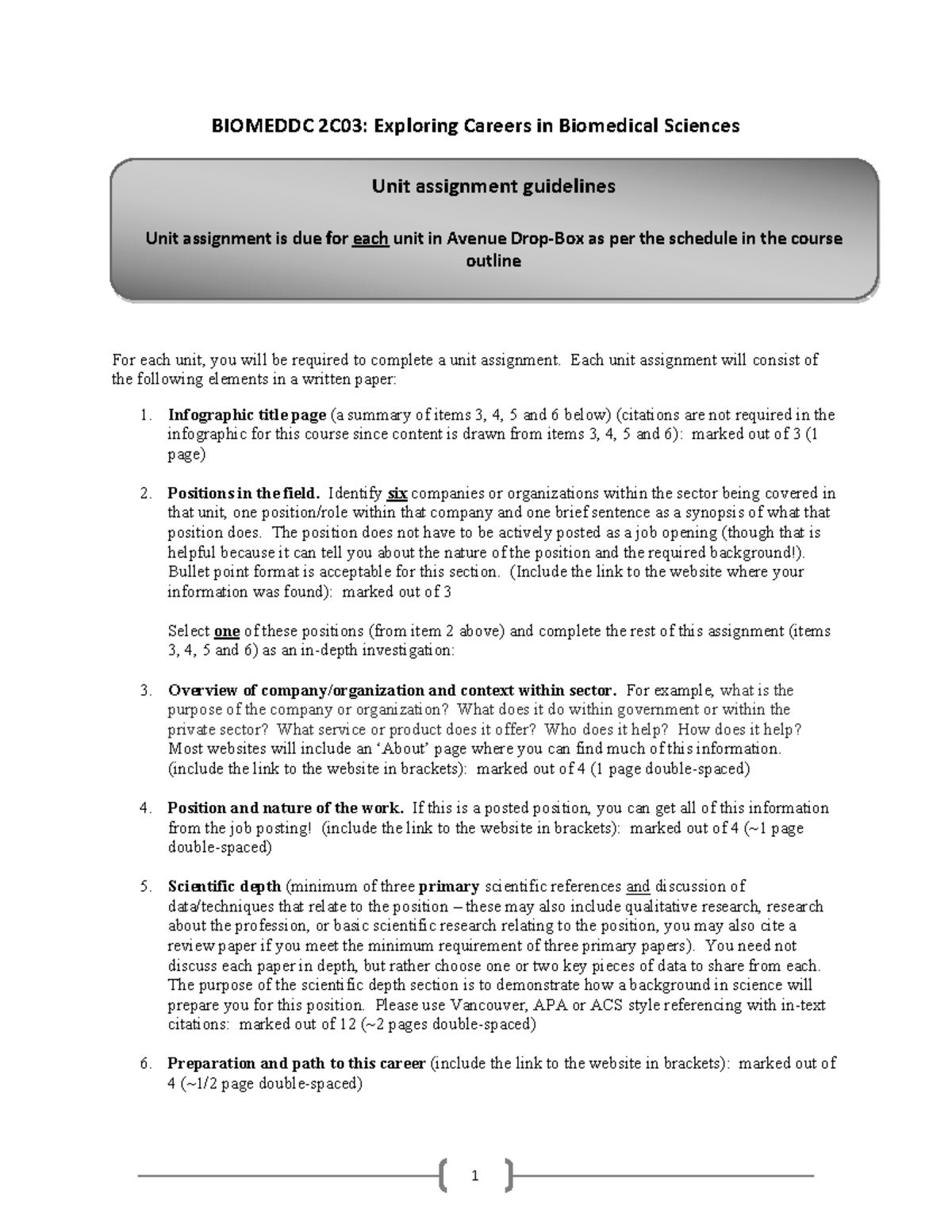 Unit assignment guidelines - BIOMEDDC 2C 03 : Exploring Careers in ...