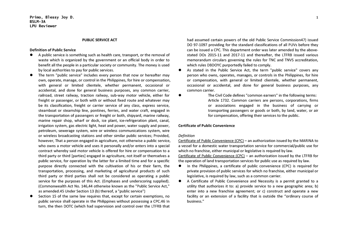 Public Service ACT - Transportation Law - BSLM-3A LPU Reviewer 1 PUBLIC ...