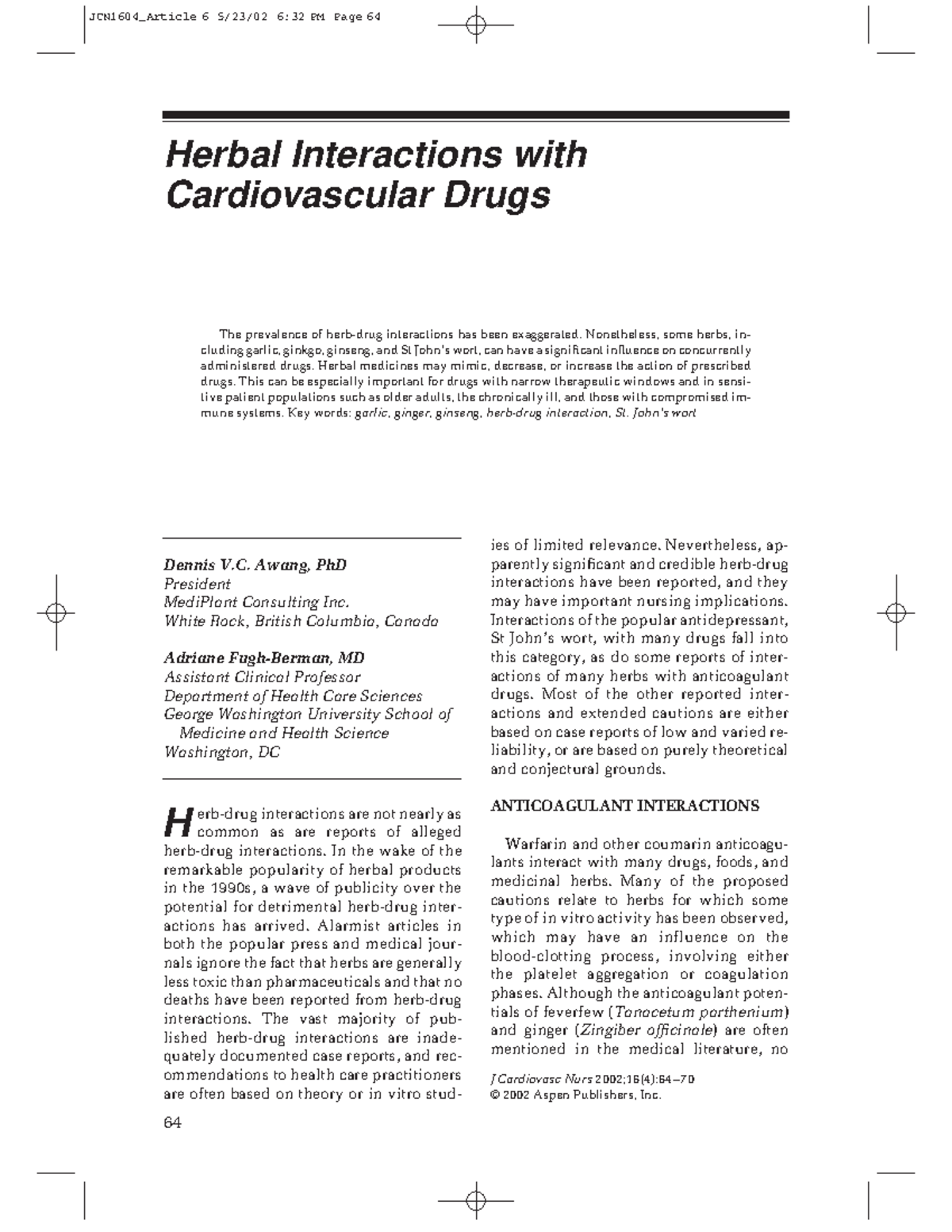 Herbal Interactions with Cardiovascular - Dennis V. Awang, PhD ...